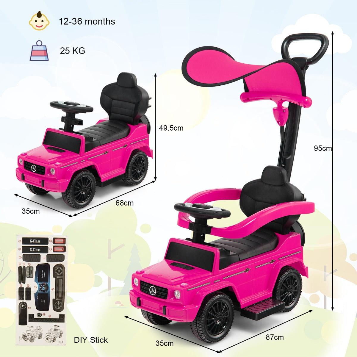 LIVSK Meereis Kinderwagen 3-in-1 - Gelicenseerd Mercedes Benz G350 - Verstelbaar Zonnescherm - Voor 1-3 jaar - Roze