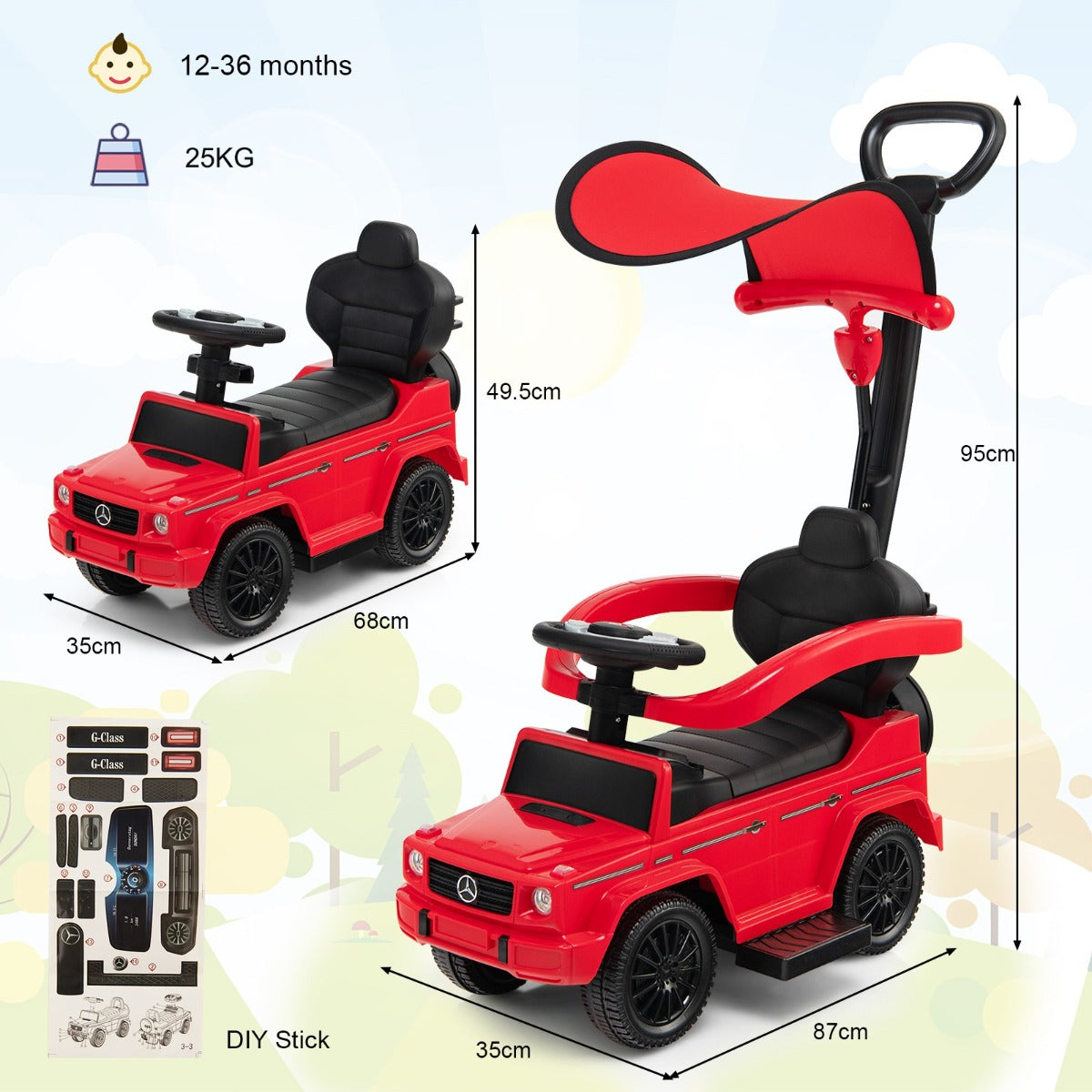 LIVSK Meereis Kinderwagen Mercedes G350 - 3-in-1 Functie - Verstelbaar Zonnedak - Voor Kinderen 12-36 Maanden - Rood