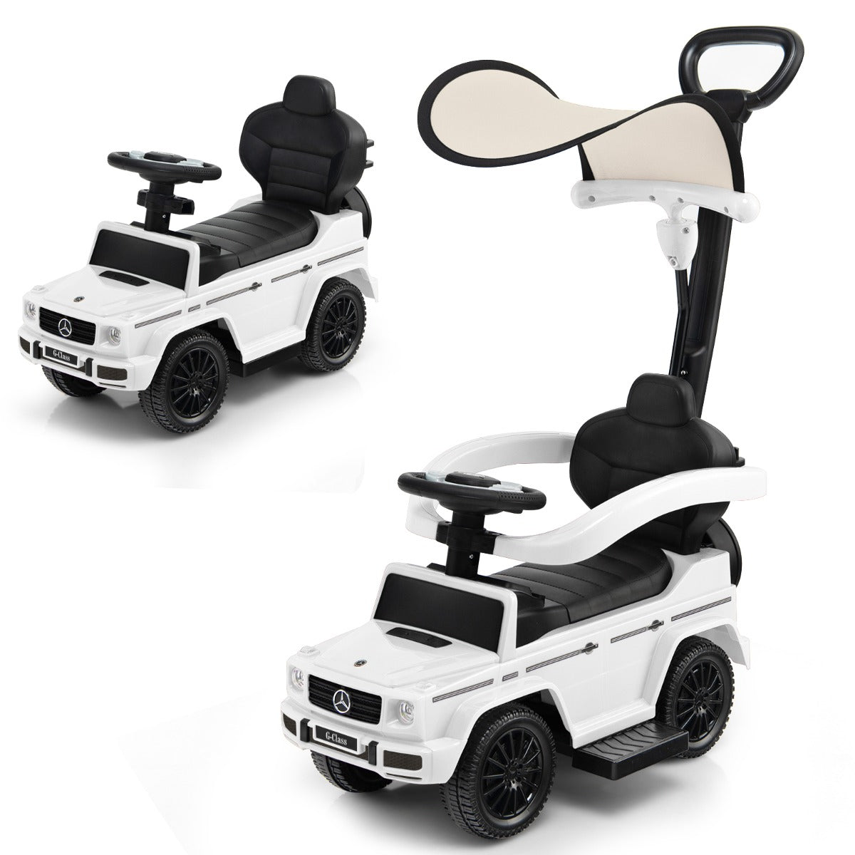 LIVSK 3-in-1 Loopauto voor Kinderen - Verstelbare Zonnekap - Beschermende Reiling - Interactieve Stuurknoppen - Tot 25 kg - Wit