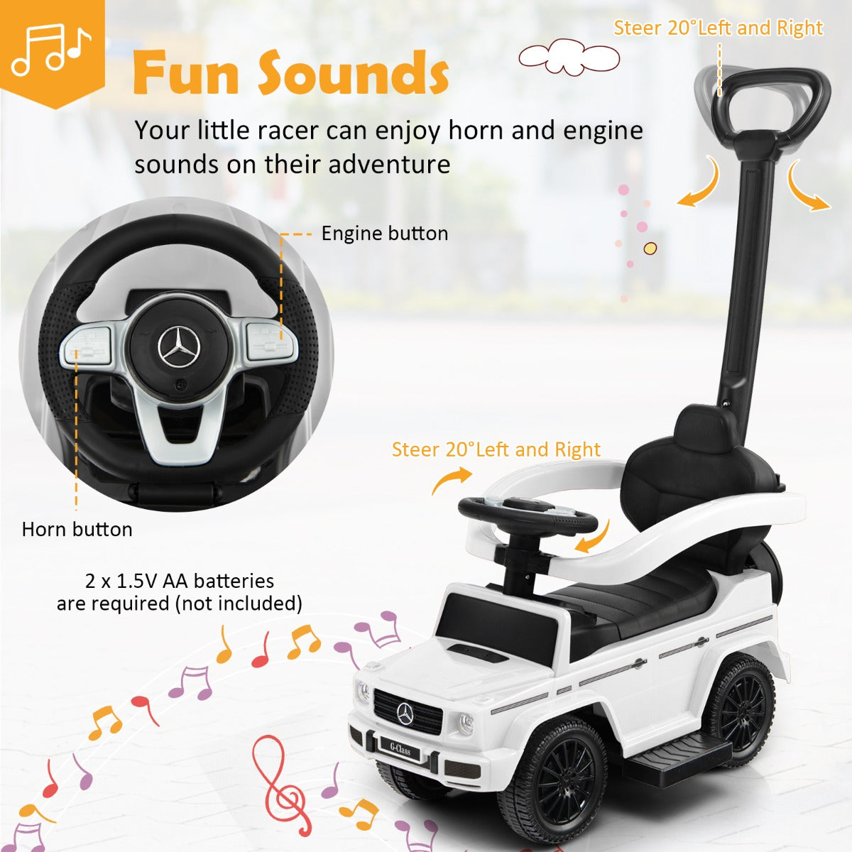 LIVSK 3-in-1 Loopauto voor Kinderen - Verstelbare Zonnekap - Beschermende Reiling - Interactieve Stuurknoppen - Tot 25 kg - Wit