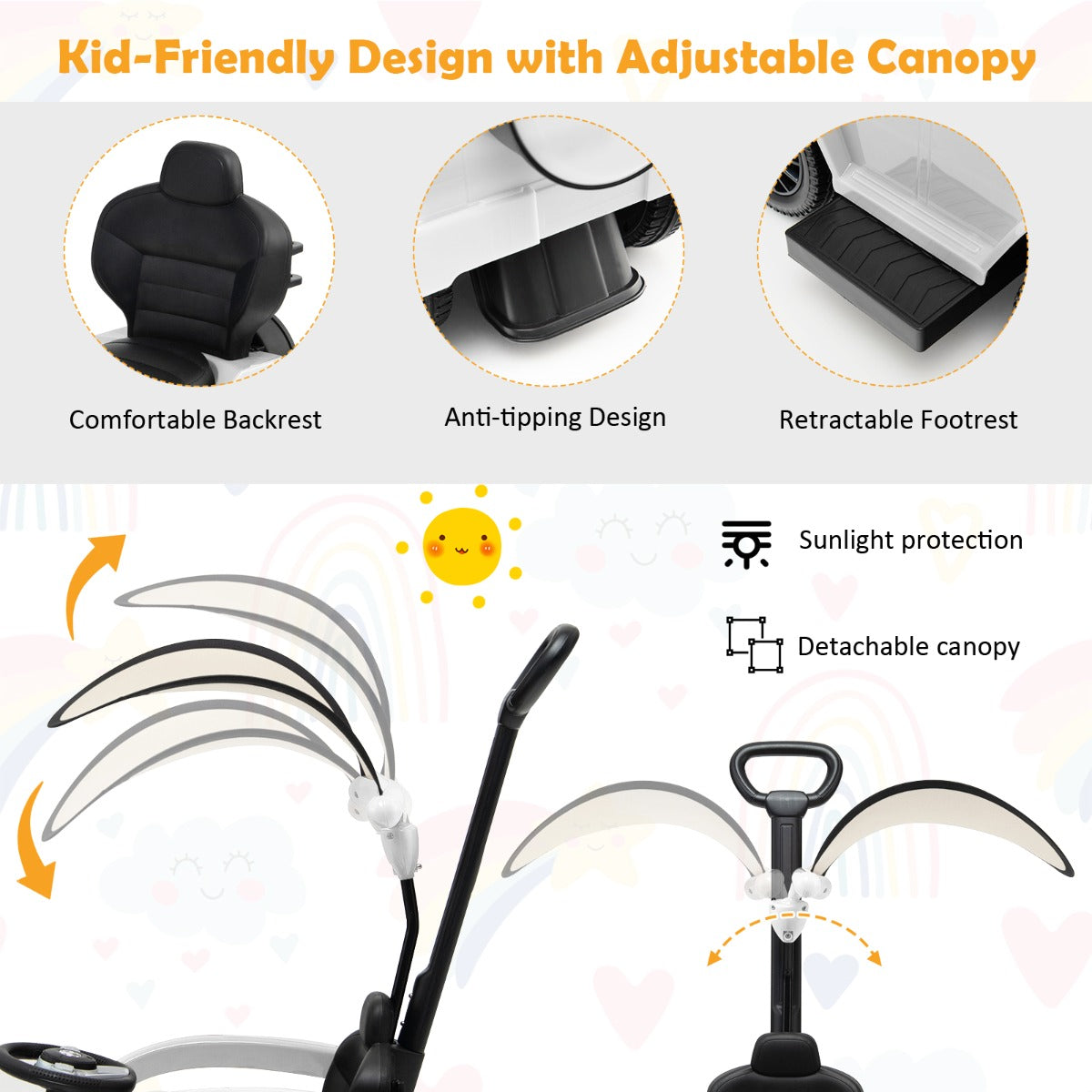 LIVSK 3-in-1 Loopauto voor Kinderen - Verstelbare Zonnekap - Beschermende Reiling - Interactieve Stuurknoppen - Tot 25 kg - Wit