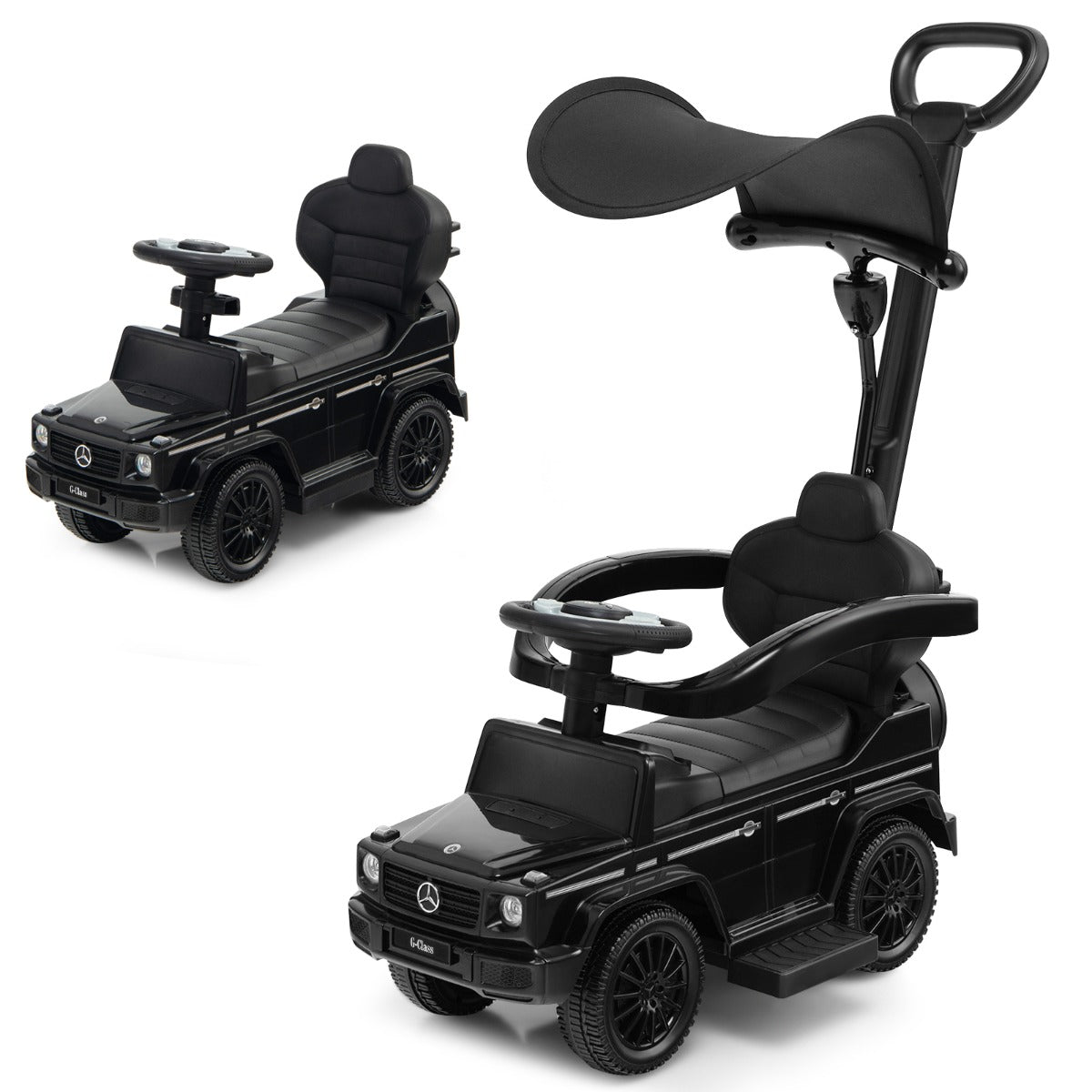LIVSK 3-in-1 Loopauto voor Kinderen - Kinderwagen, Loopauto en Meerijdwagen - Verstelbare Zonnekap - Geluidseffecten - Zwart