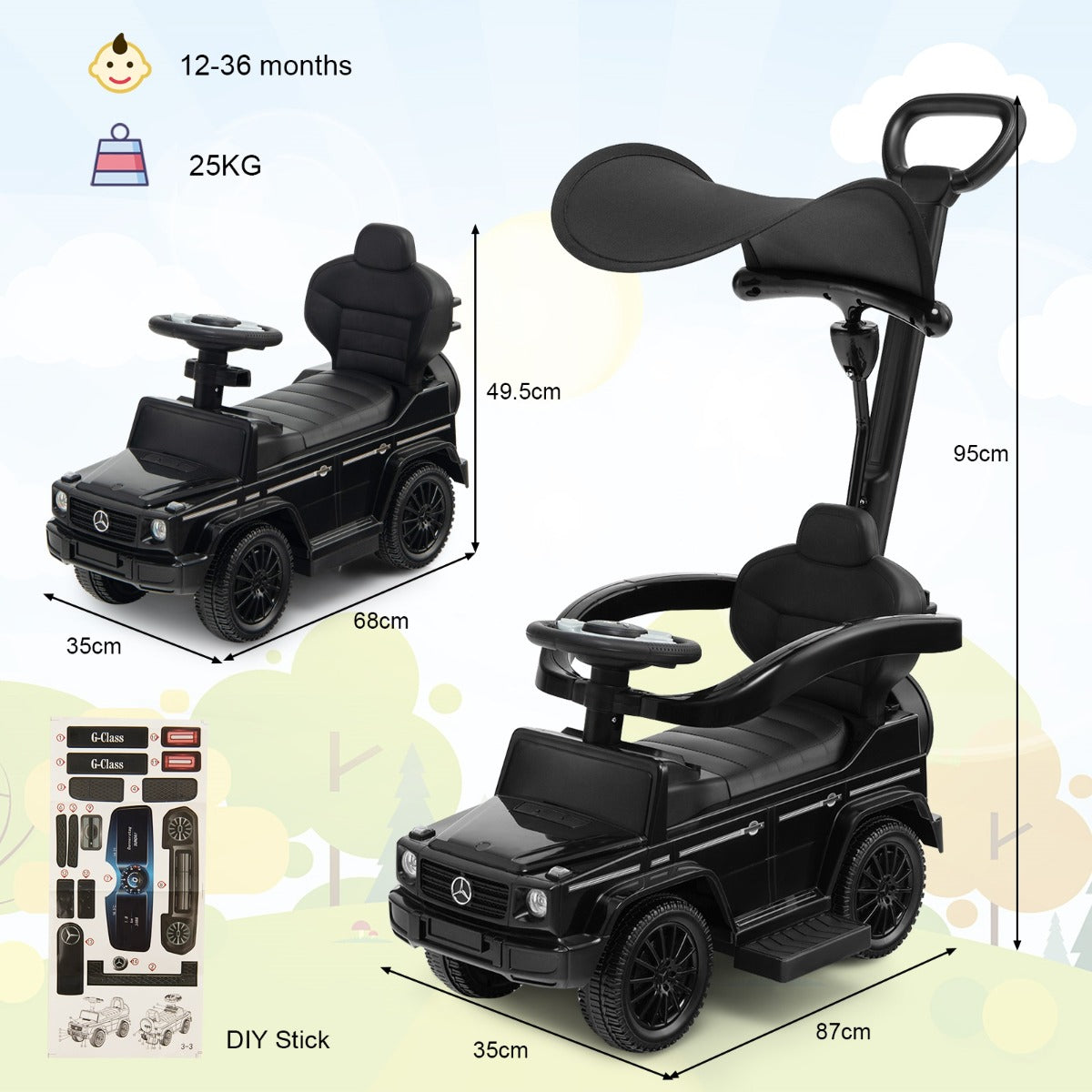 LIVSK 3-in-1 Loopauto voor Kinderen - Kinderwagen, Loopauto en Meerijdwagen - Verstelbare Zonnekap - Geluidseffecten - Zwart