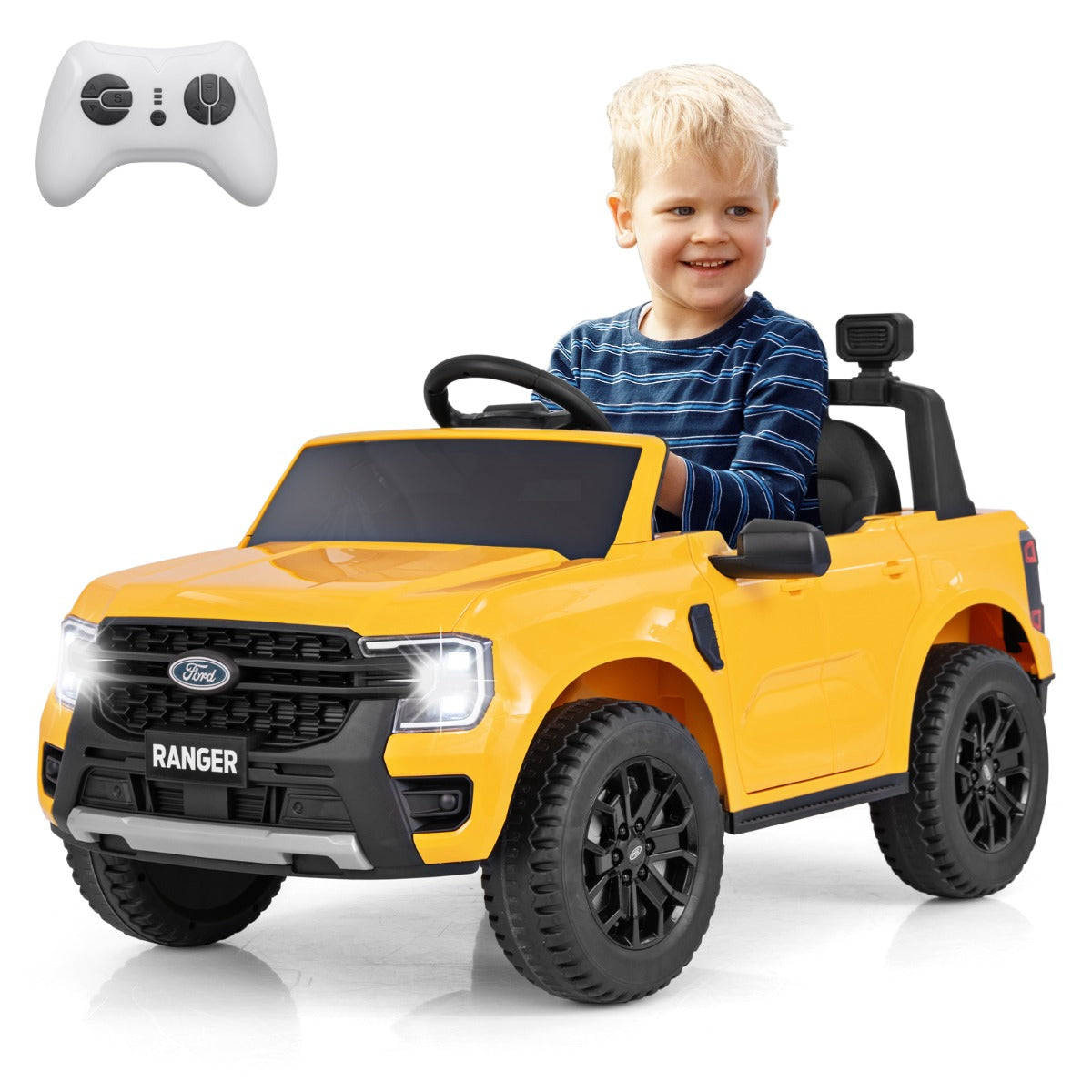 LIVSK Ford 12V Elektrische Auto voor Kinderen - Afstandsbediening - Muziek en Verhalen - Veiligheidsgordel - Voor 3-6 jaar - Geel