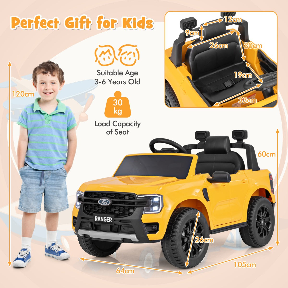 LIVSK Ford 12V Elektrische Auto voor Kinderen - Afstandsbediening - Muziek en Verhalen - Veiligheidsgordel - Voor 3-6 jaar - Geel