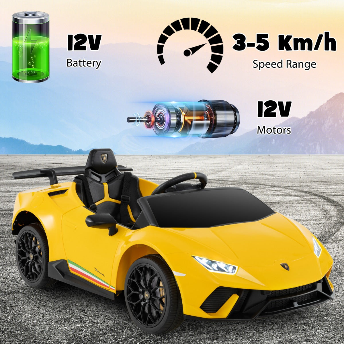 LIVSK Gelicentieerde Lamborghini Kinderauto - 2 Besturingsmodi - LED-verlichting - Veiligheidsharnas - Tot 30 kg - Zwart