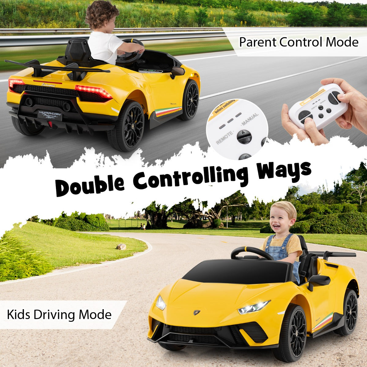 LIVSK Gelicentieerde Lamborghini Kinderauto - 2 Besturingsmodi - LED-verlichting - Veiligheidsharnas - Tot 30 kg - Zwart