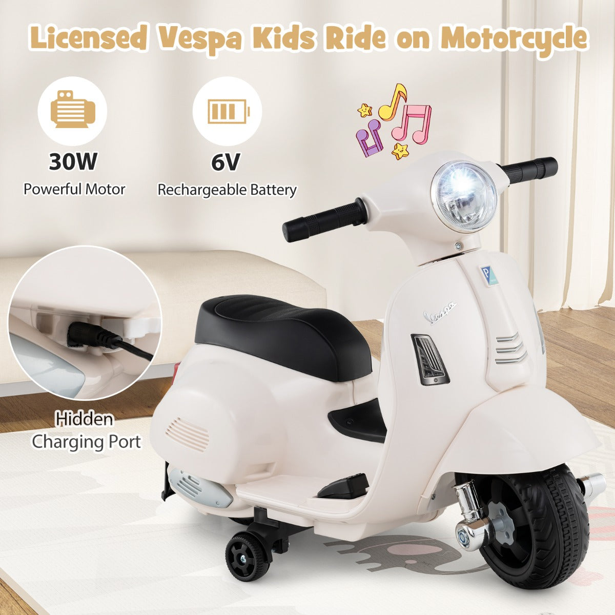 LIVSK Elektrische Kindermotorfiets - 30W Motor - LED-koplamp - Anti-kantelfunctie - Voor 18-36 maanden - Wit
