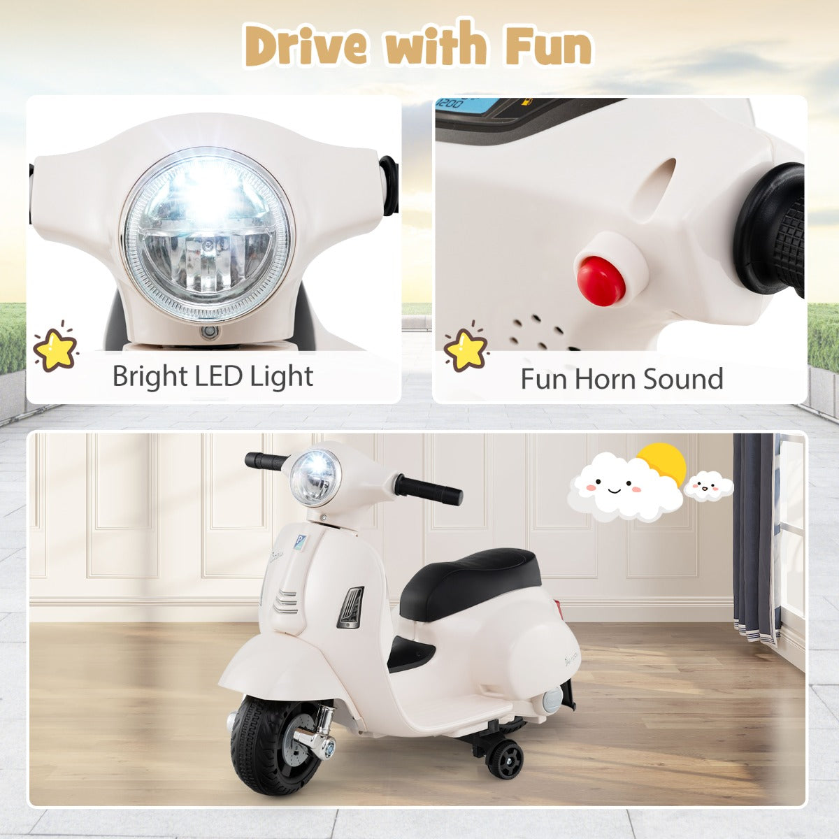 LIVSK Elektrische Kindermotorfiets - 30W Motor - LED-koplamp - Anti-kantelfunctie - Voor 18-36 maanden - Wit