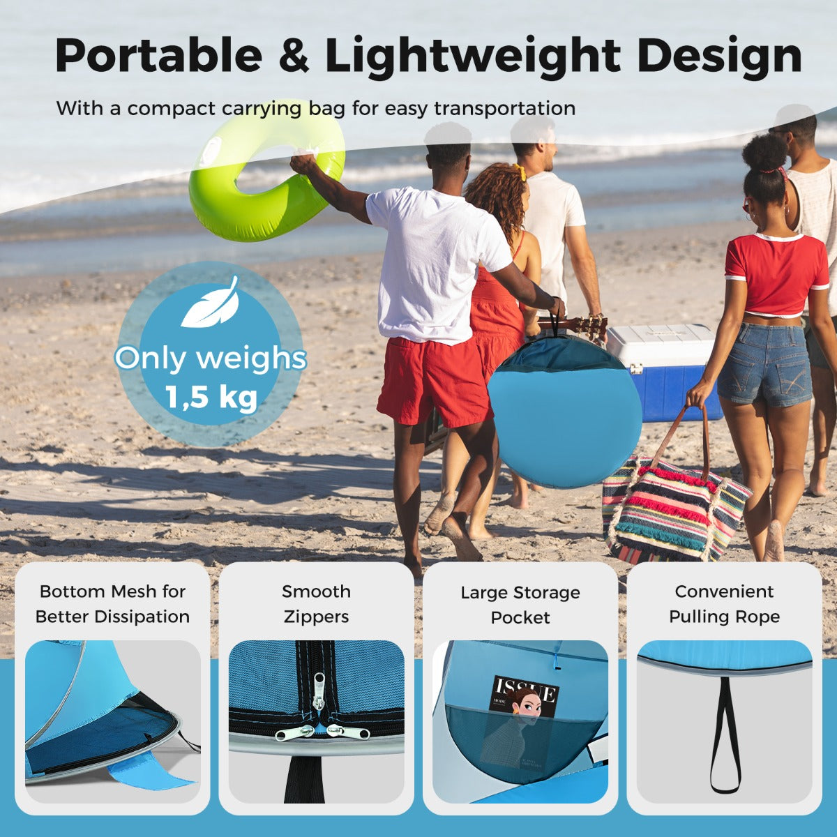 LIVSK Pop-up Strandtent voor 3-4 Personen - UPF 50+ Zonbescherming - 360° Ventilatie - Draagbaar met Tas - Blauw