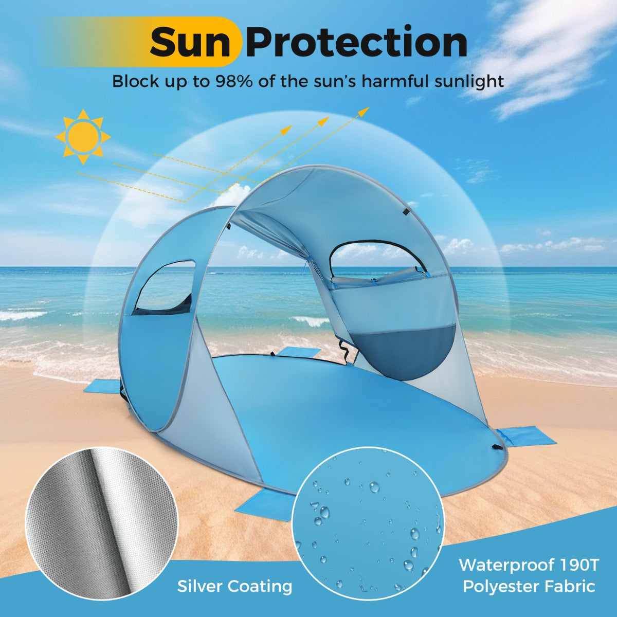 LIVSK Pop-up Strandtent voor 3-4 Personen - UPF 50+ Zonbescherming - 360° Ventilatie - Draagbaar met Tas - Blauw