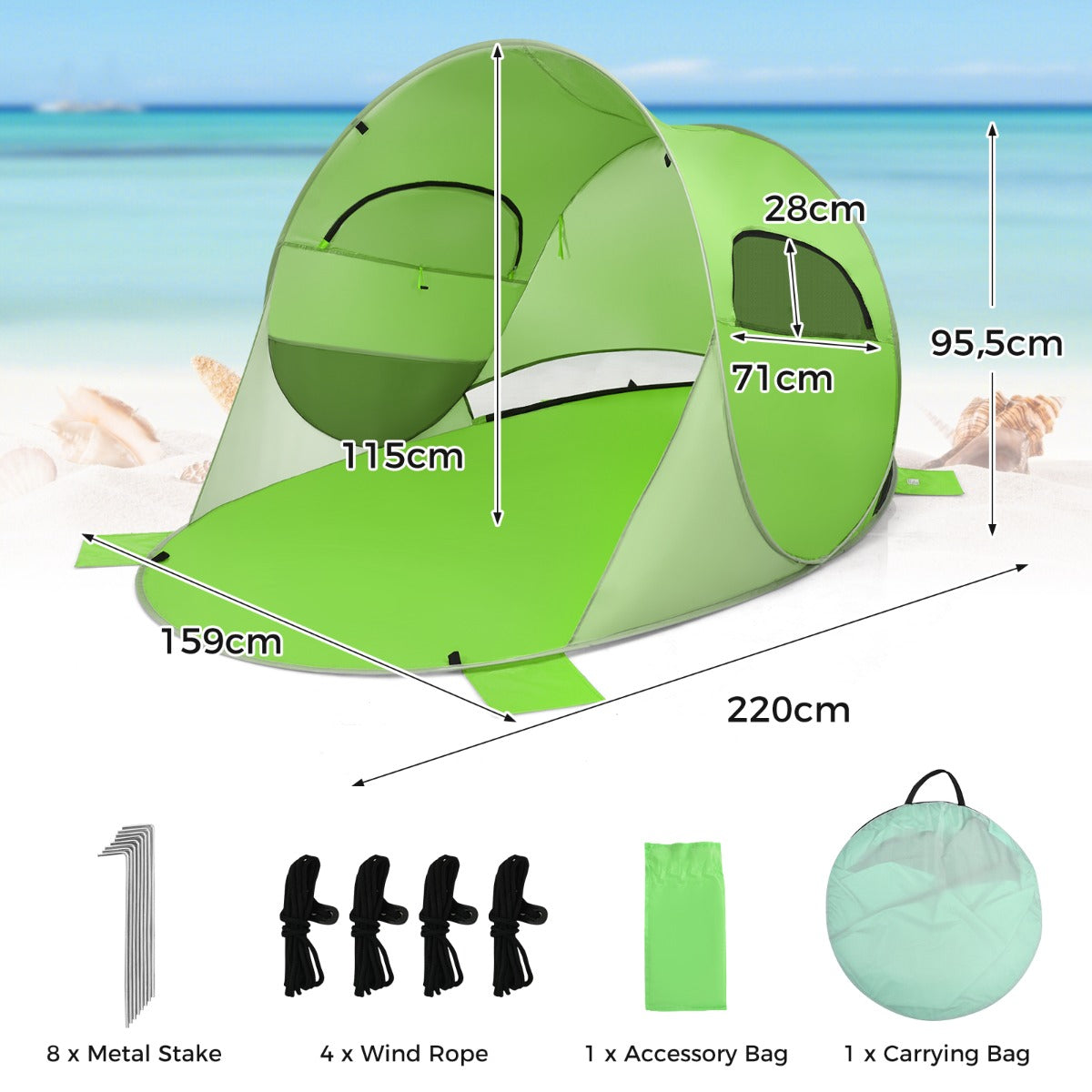 LIVSK Pop-Up Strandtent - 360° Ventilatie - UPF 50+ Zonnebescherming - Ruimte voor 3-4 Personen - Draagbaar - Groen