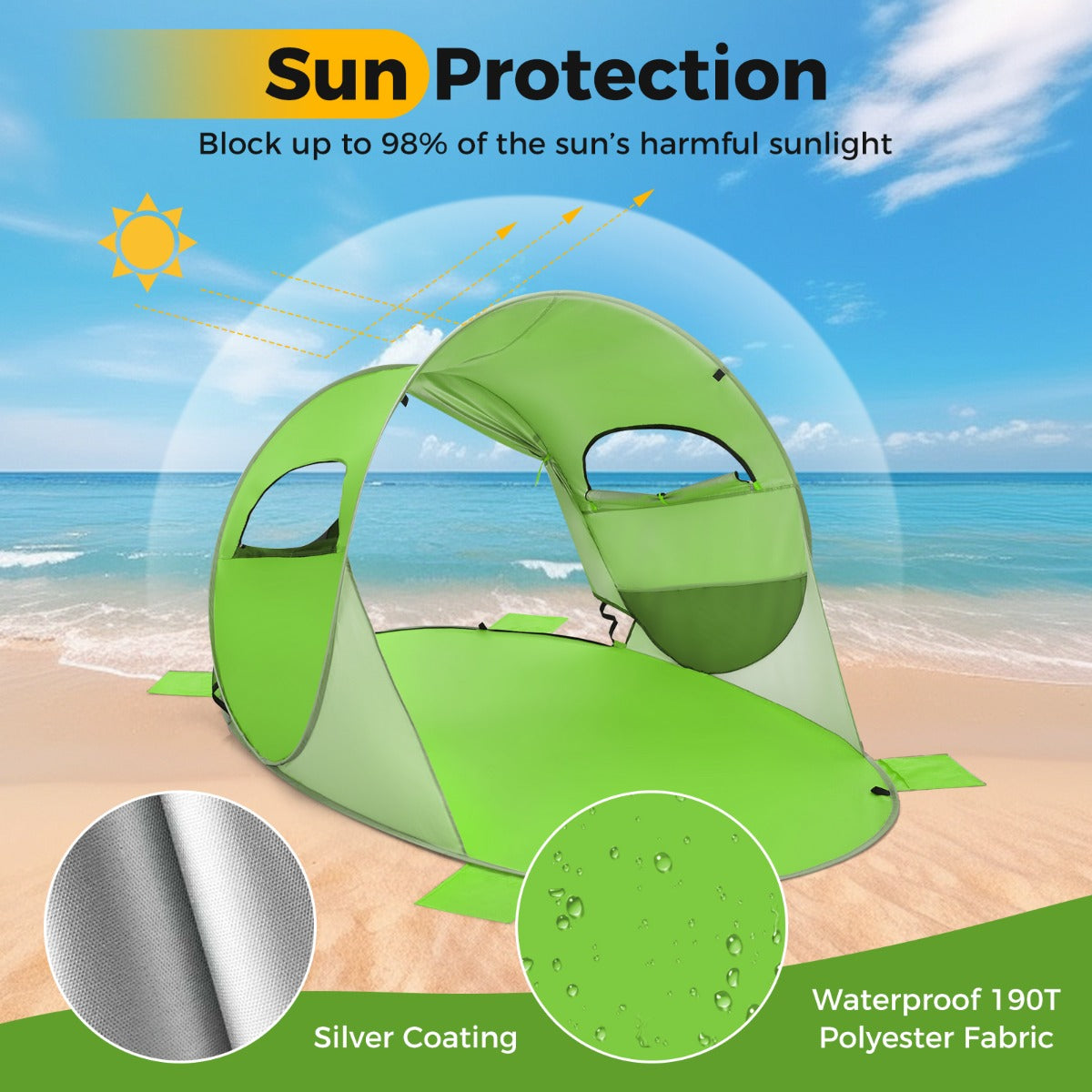 LIVSK Pop-Up Strandtent - 360° Ventilatie - UPF 50+ Zonnebescherming - Ruimte voor 3-4 Personen - Draagbaar - Groen