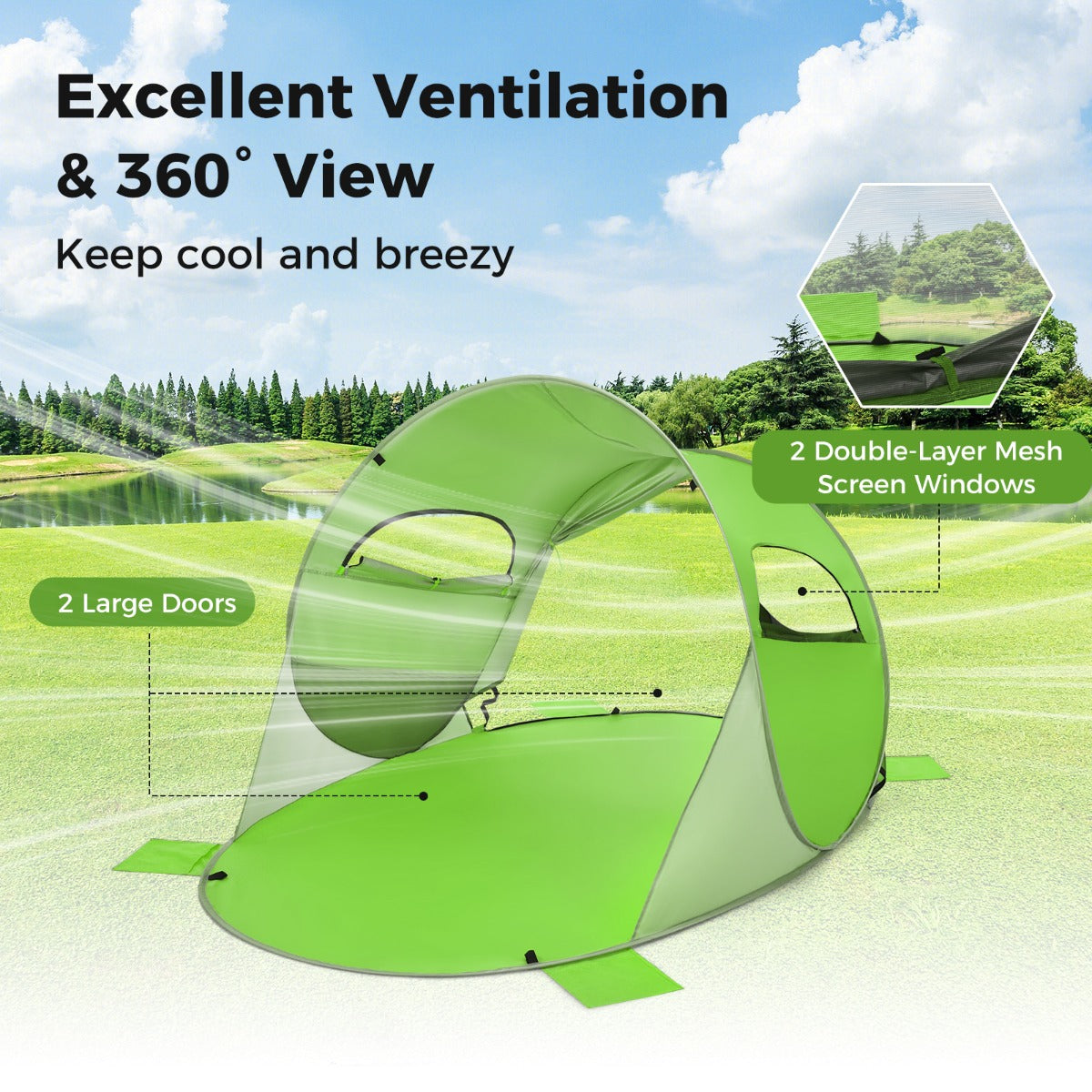 LIVSK Pop-Up Strandtent - 360° Ventilatie - UPF 50+ Zonnebescherming - Ruimte voor 3-4 Personen - Draagbaar - Groen