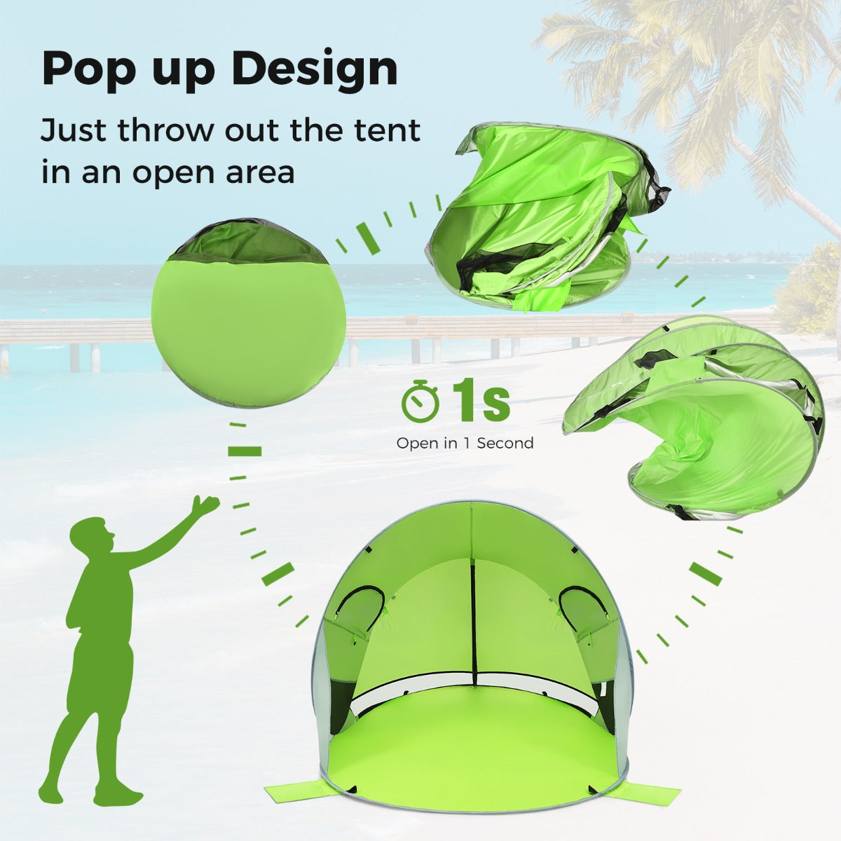 LIVSK Pop-Up Strandtent - 360° Ventilatie - UPF 50+ Zonnebescherming - Ruimte voor 3-4 Personen - Draagbaar - Groen