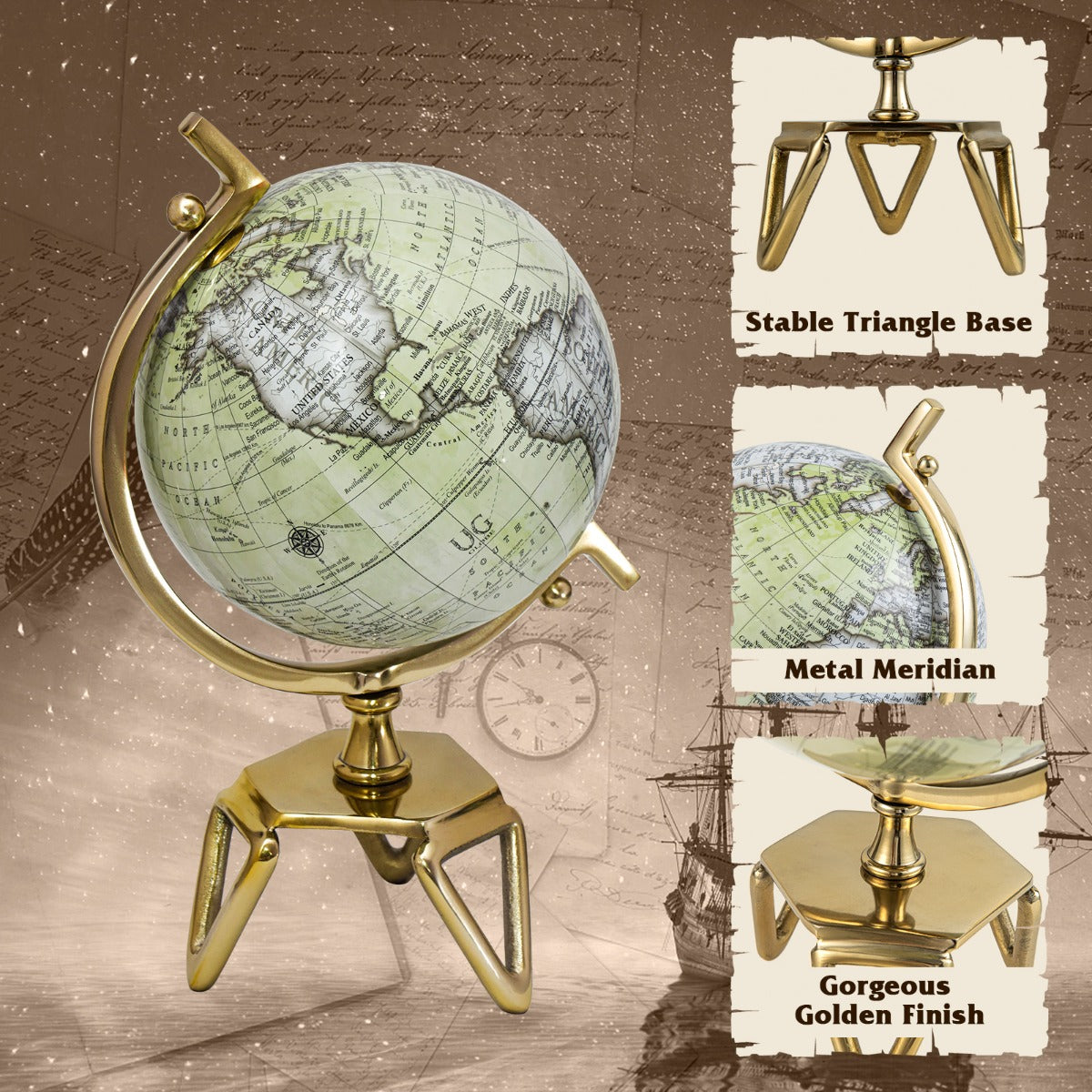 LIVSK Wereldbol - Antieke Look met Gouden Standaard - 360° Draaibaar - Educatief en Decoratief - Wit, Goud