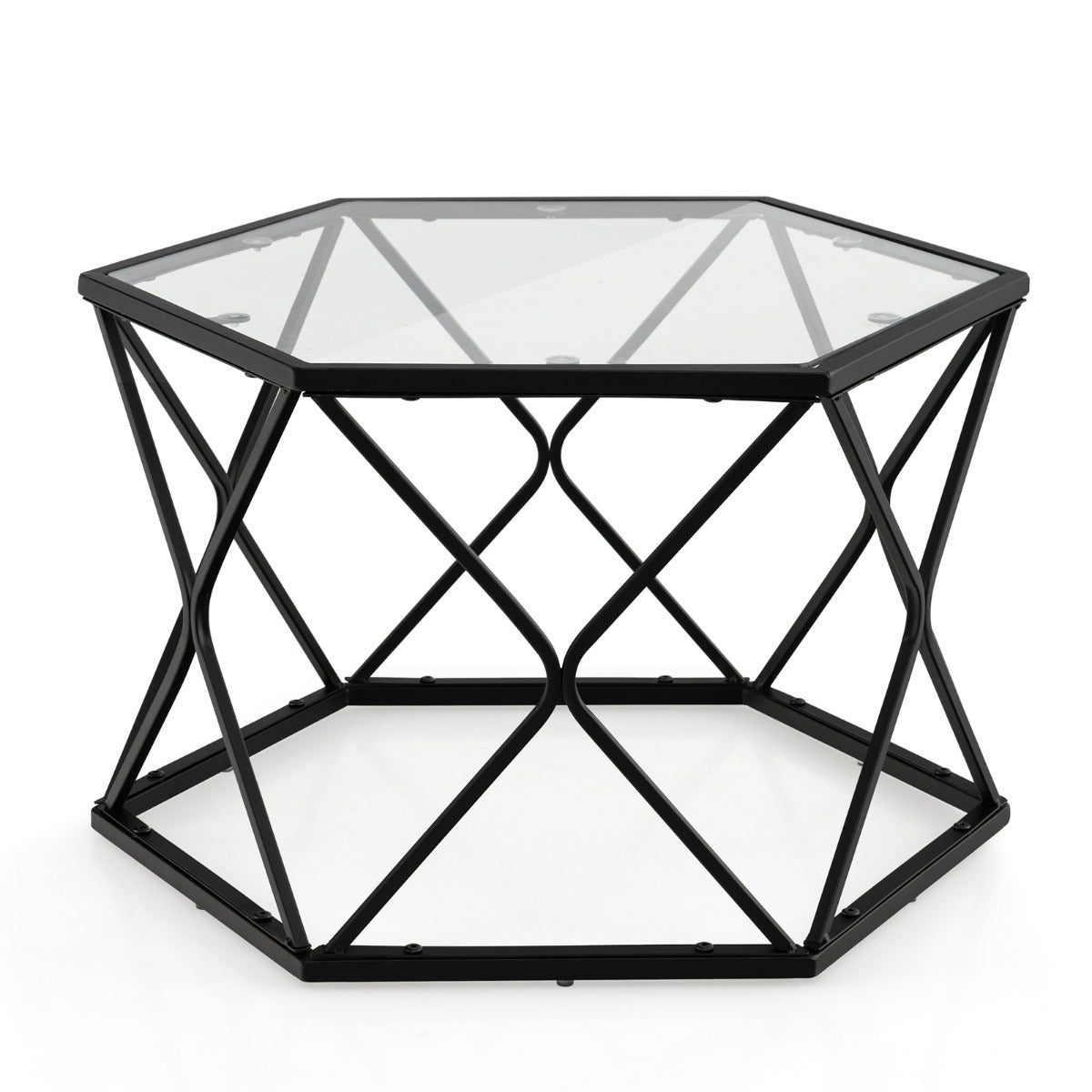 LIVSK Glazen Salontafel - Zeshoekig Design - Hittebestendig Gehard Glas - Stevig Stalen Frame - 65 x 56 x 40 cm - Zwart