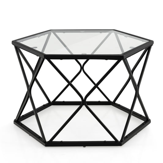 LIVSK Glazen Salontafel - Zeshoekig Design - Hittebestendig Gehard Glas - Stevig Stalen Frame - 65 x 56 x 40 cm - Zwart