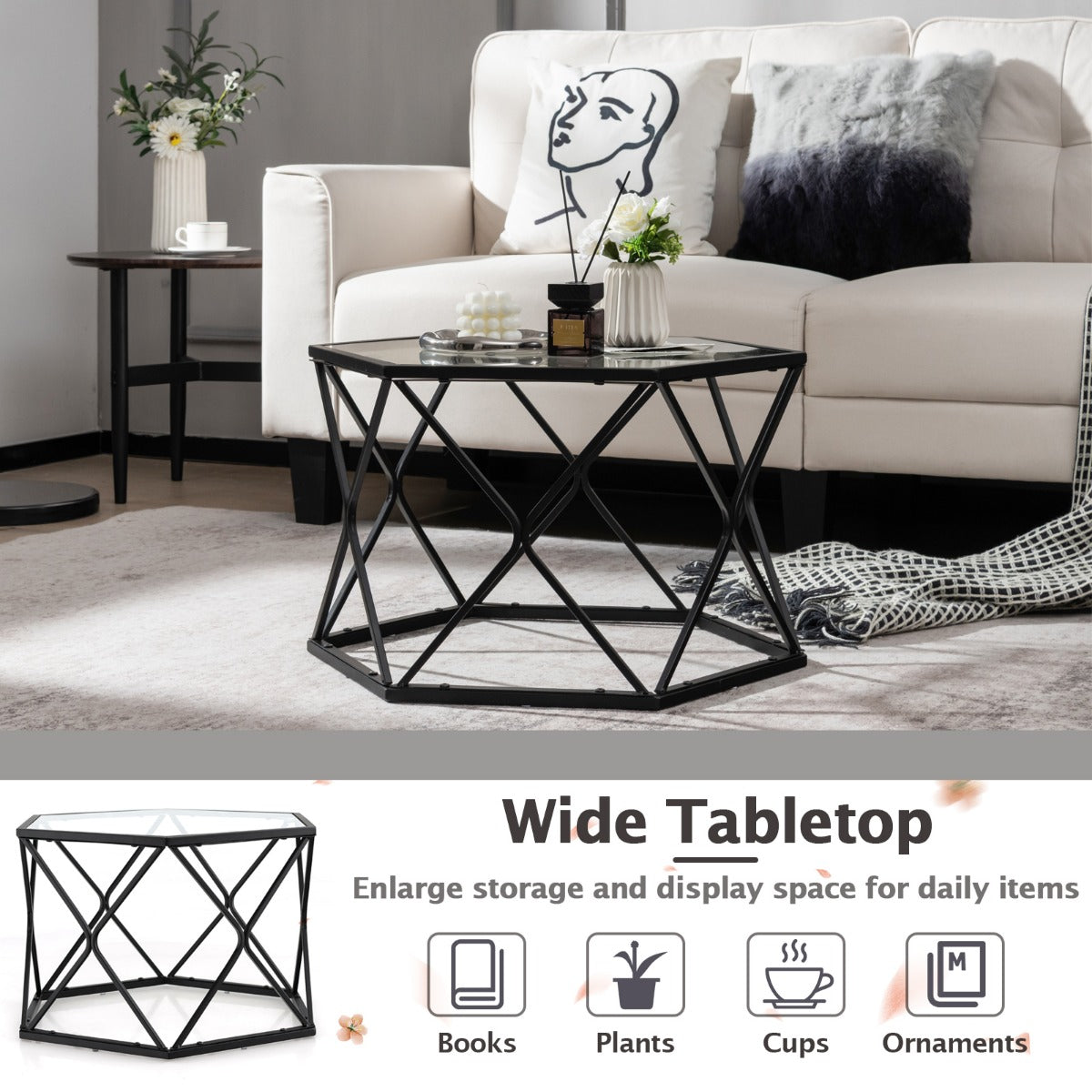 LIVSK Glazen Salontafel - Zeshoekig Design - Hittebestendig Gehard Glas - Stevig Stalen Frame - 65 x 56 x 40 cm - Zwart