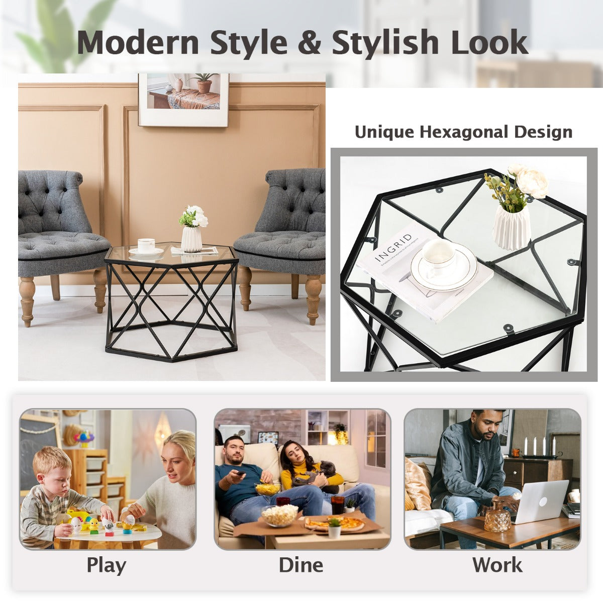 LIVSK Glazen Salontafel - Zeshoekig Design - Hittebestendig Gehard Glas - Stevig Stalen Frame - 65 x 56 x 40 cm - Zwart