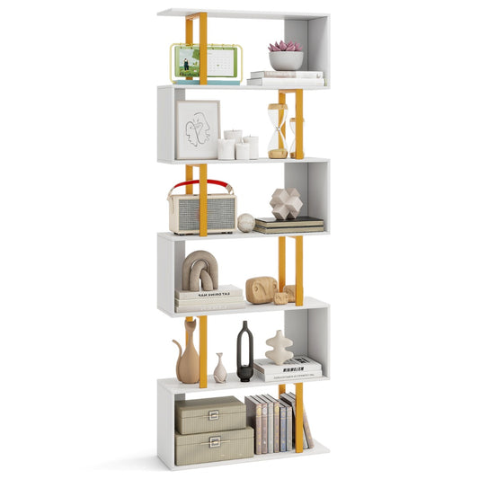 LIVSK Geometrische Boekenkast - S-vormige Planken - Verguld Frame - Antikantelfunctie - 70 x 24 x 189 cm - Wit + Goud