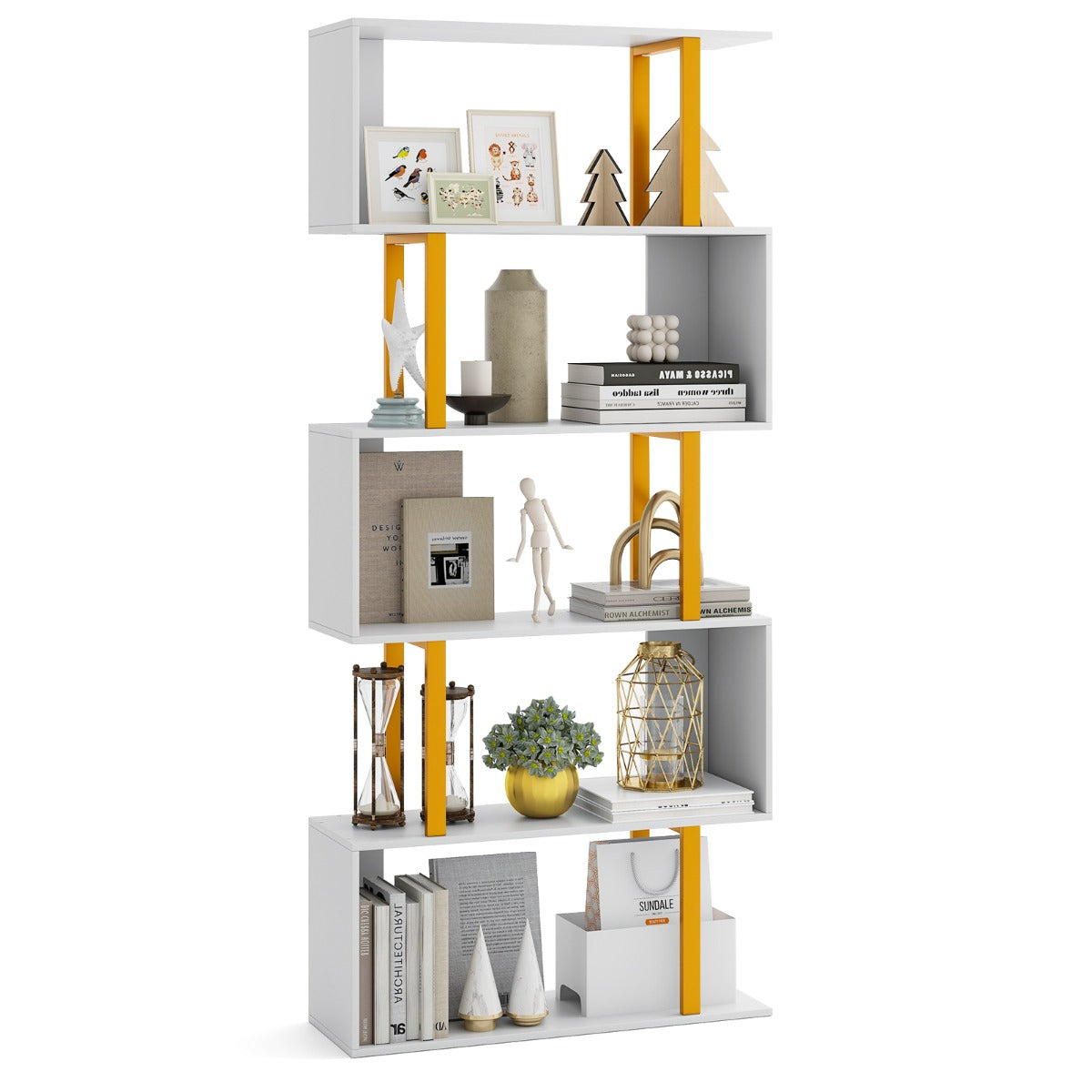 LIVSK Geometrische Boekenkast - 5 Niveaus met Gouden Frame - Inclusief Anti-Kantelsets - 70 x 24 x 157 cm - Wit + Goud