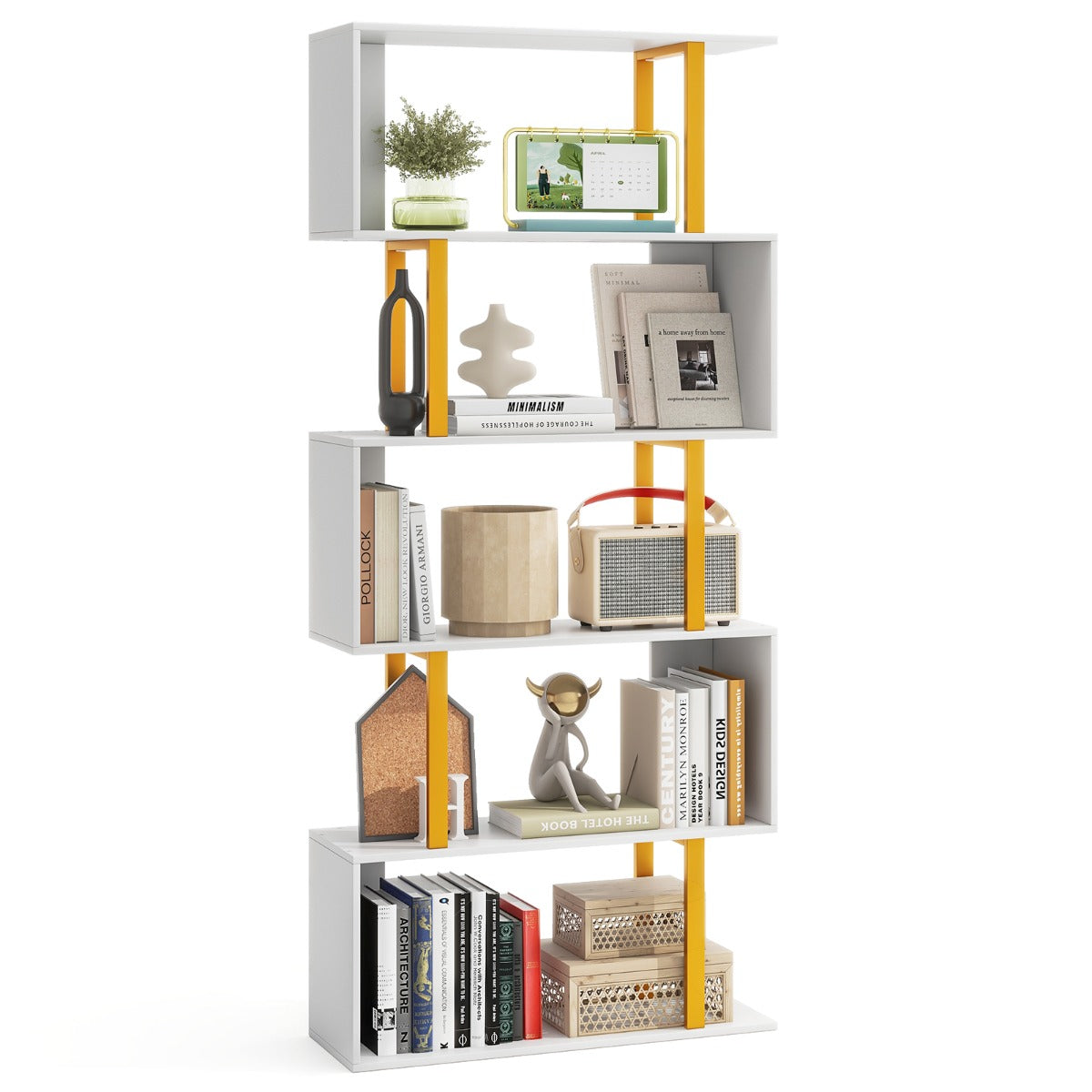 LIVSK Geometrische Boekenkast - 5 Niveaus met Gouden Frame - Inclusief Anti-Kantelsets - 70 x 24 x 157 cm - Wit + Goud