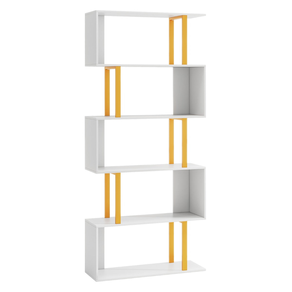 LIVSK Geometrische Boekenkast - 5 Niveaus met Gouden Frame - Inclusief Anti-Kantelsets - 70 x 24 x 157 cm - Wit + Goud