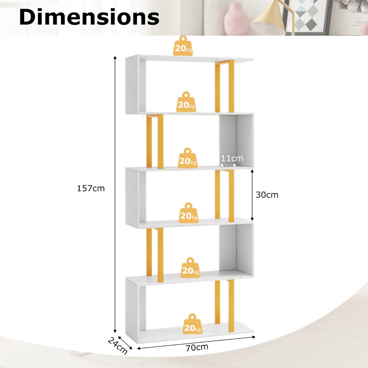 LIVSK Geometrische Boekenkast - 5 Niveaus met Gouden Frame - Inclusief Anti-Kantelsets - 70 x 24 x 157 cm - Wit + Goud