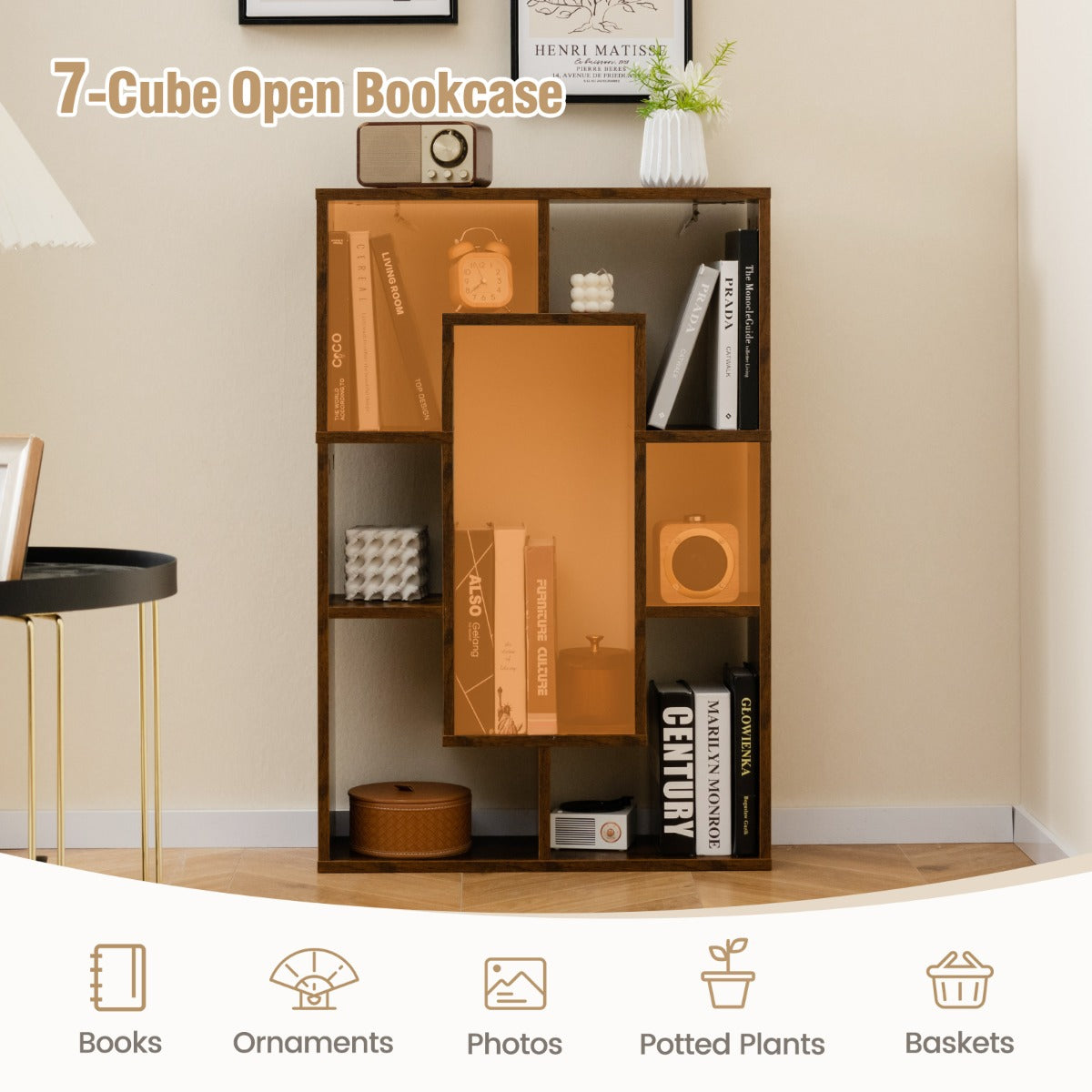 LIVSK Geometrische Boekenkast - 7 Kubussen - Anti-kantelsets - Duurzaam Gelamineerd Hout - 60 x 20 x 90 cm - Bruin