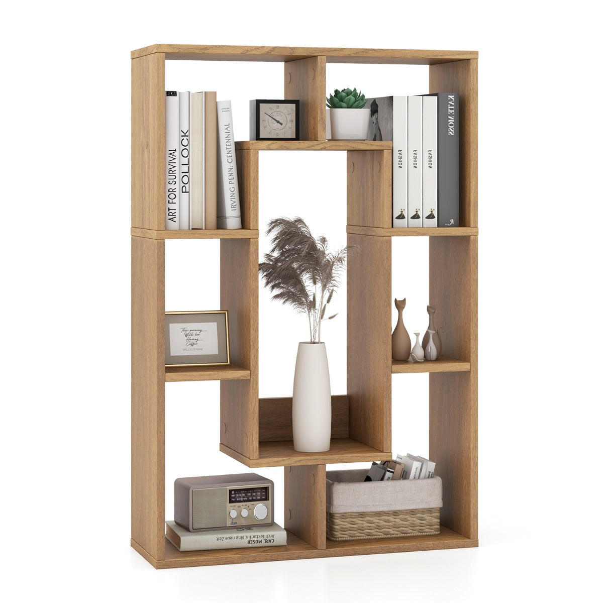 Livsk costway geometrische boekenkast met 7 kubussen moderne en decoratieve open hoekplank kamerscherm opbergrek natuur