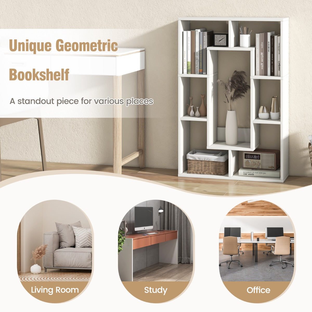 LIVSK Geometrische Boekenkast - Uniek Ontwerp met 7 Kubussen - Duurzaam Gelamineerd Hout - Veilig met Anti-kantelsets - 60 x 20 x