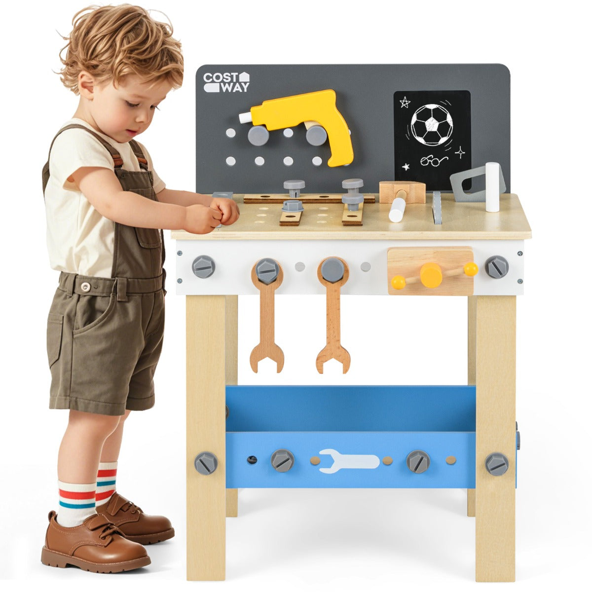 LIVSK Houten Gereedschapsbank voor Kinderen - Met Schoolbord en Opbergplank - Stimuleert Creativiteit en Organisatie - MDF -