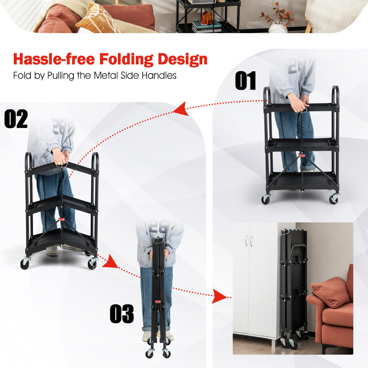 LIVSK Multifunctionele Gereedschapswagen - 3 Planken - Inklapbaar - Duurzaam Metaal - 4 Wielen met Rem - Zwart