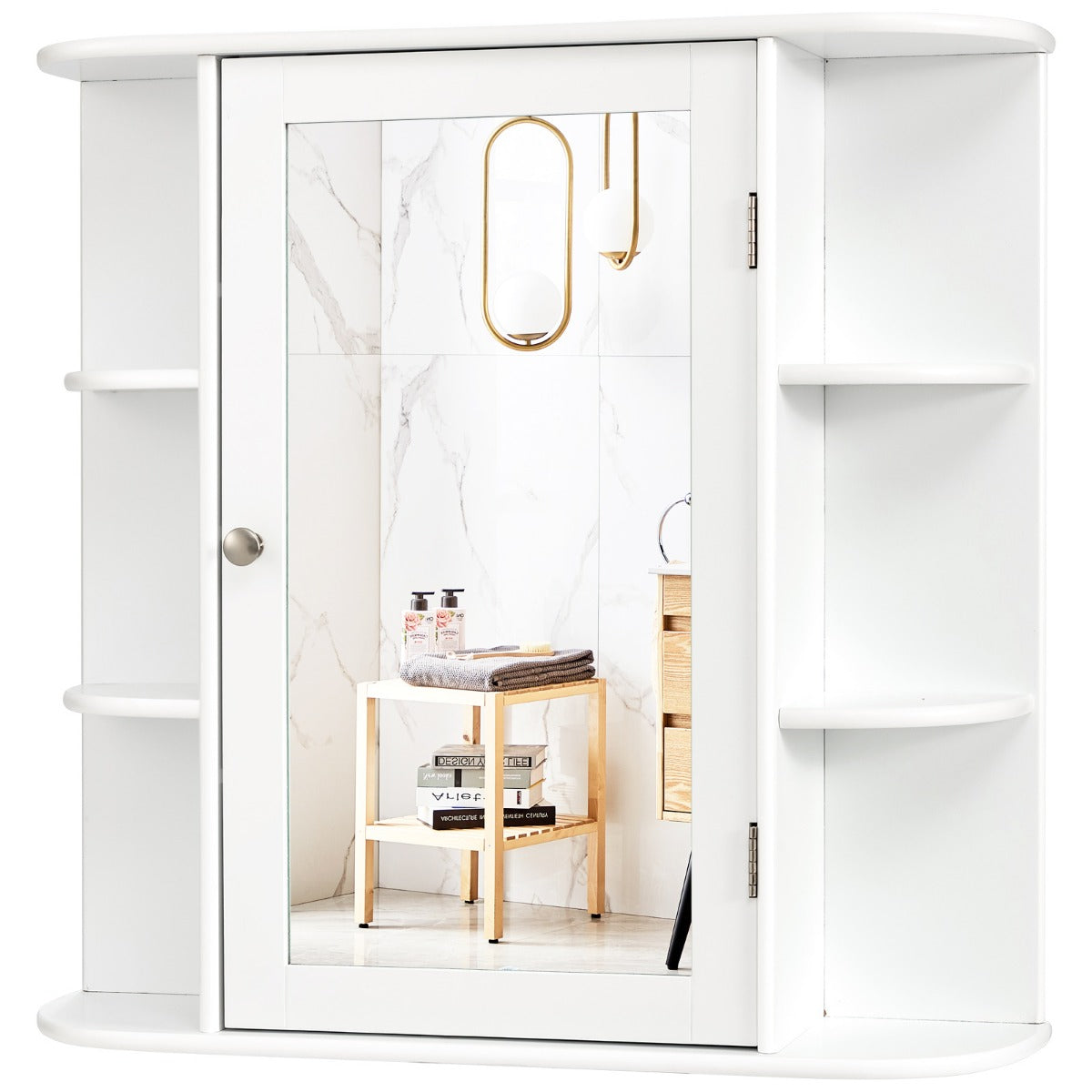 LIVSK Badkamerkast met Spiegeldeur - 6 Open Compartimenten - Duurzaam MDF - Wandmontage - Compact - Wit