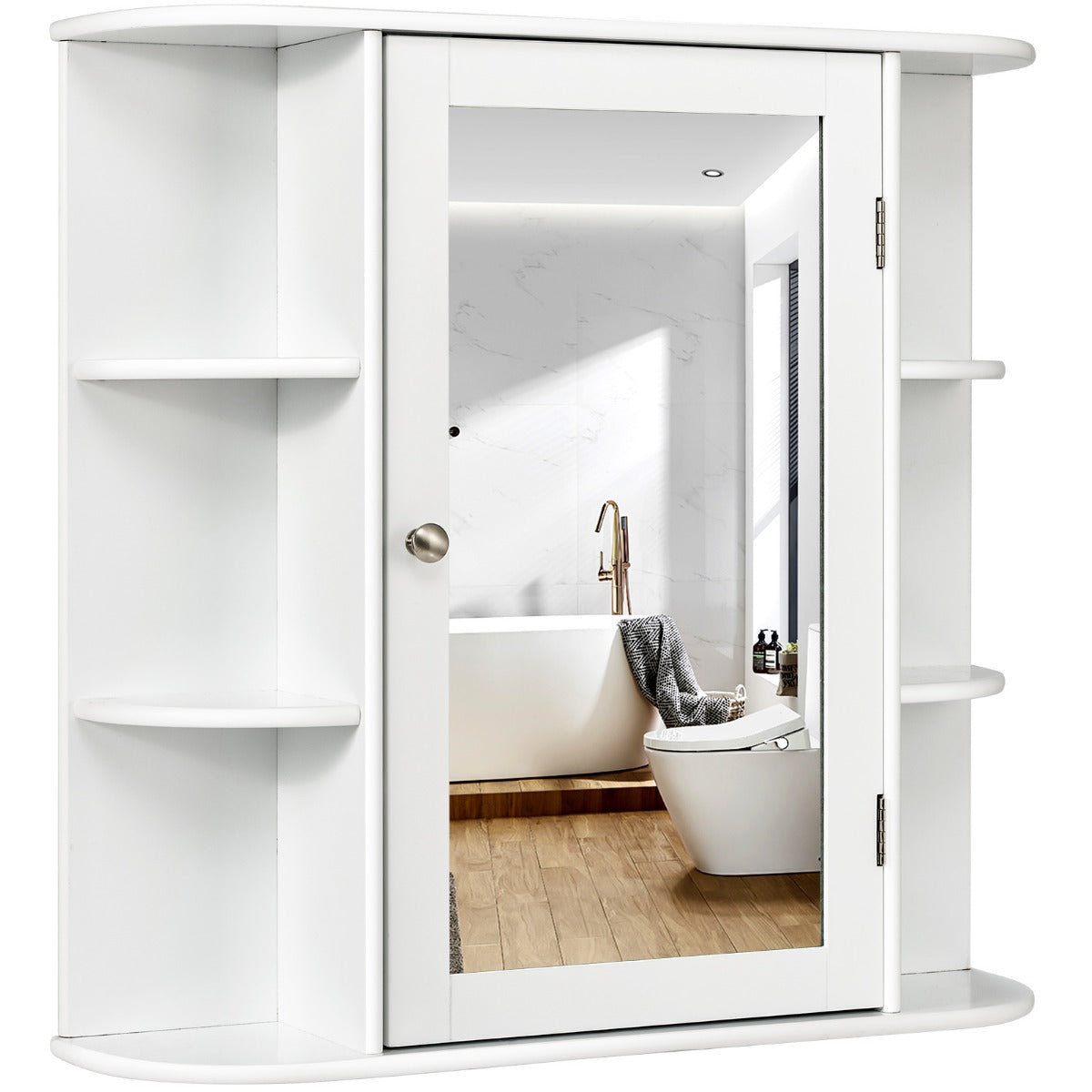 LIVSK Badkamerkast met Spiegeldeur - 6 Open Compartimenten - Duurzaam MDF - Wandmontage - Compact - Wit