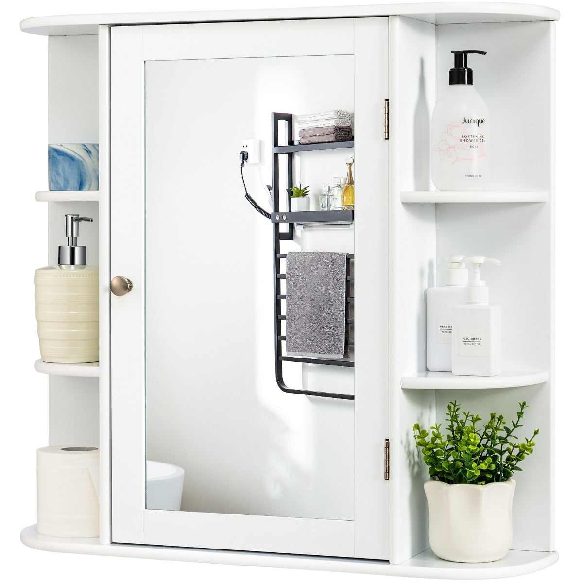 LIVSK Badkamerkast met Spiegeldeur - 6 Open Compartimenten - Duurzaam MDF - Wandmontage - Compact - Wit