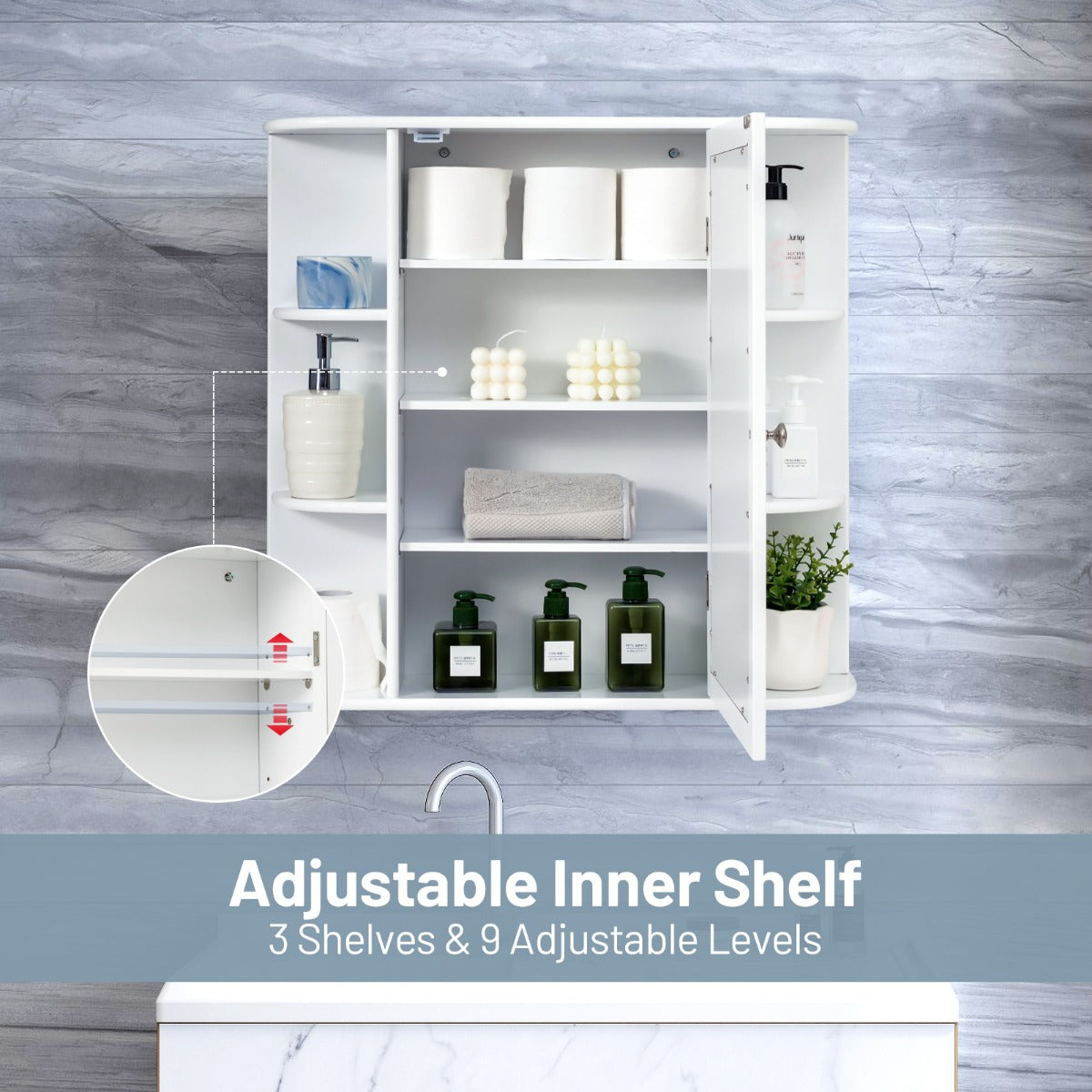 LIVSK Badkamerkast met Spiegeldeur - 6 Open Compartimenten - Duurzaam MDF - Wandmontage - Compact - Wit