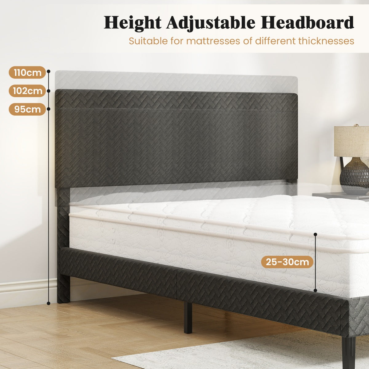 Livsk costway gestoffeerd bed met lattenbodem bedframe met in hoogte verstelbaar hoofdeinde bedframe zonder matras 200 x 160 cm 2