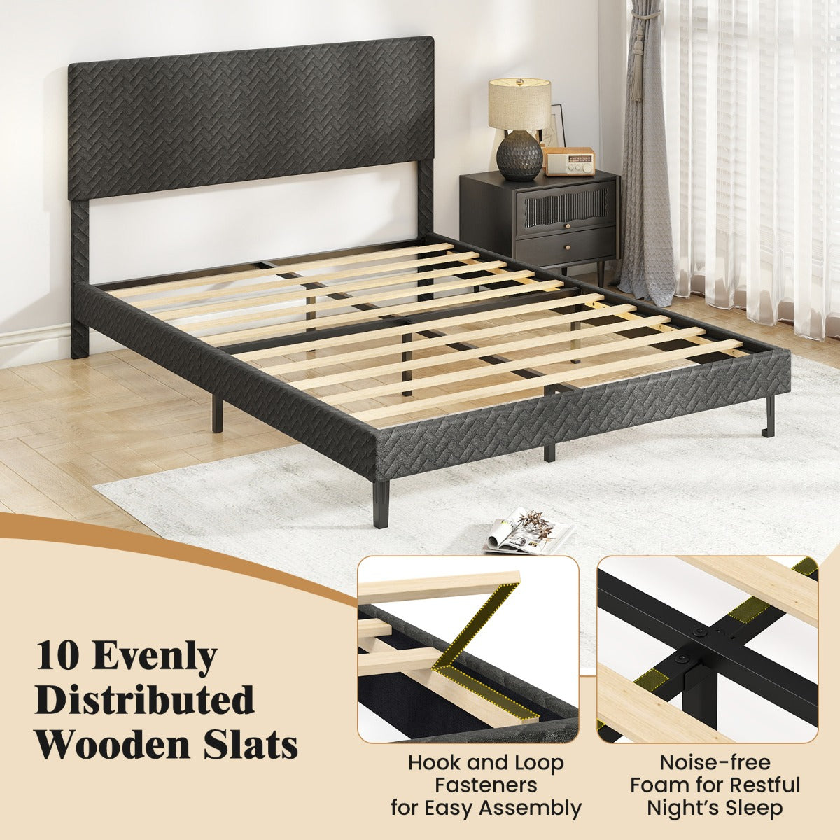 Livsk costway gestoffeerd bed met lattenbodem bedframe met in hoogte verstelbaar hoofdeinde bedframe zonder matras 200 x 160 cm 4
