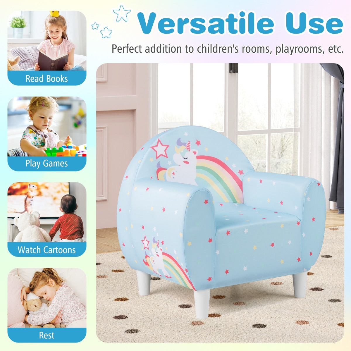 LIVSK Kinderbank met Eenhoornprint - Ergonomisch Schuim - Stevig Multiplex - Voor Kinderen 3+ - Draagvermogen 50 kg - Blauw/Paars