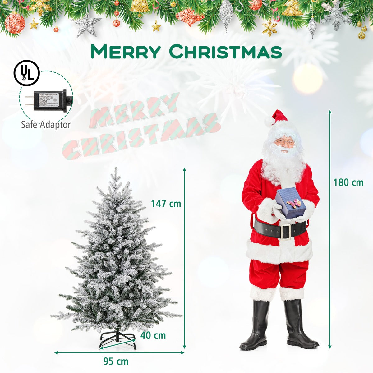 LIVSK Kunstkerstboom met LED-lampjes - 8 Verlichtingsstanden - Flocked Design - Hypoallergeen - 186 cm - Groen en Wit