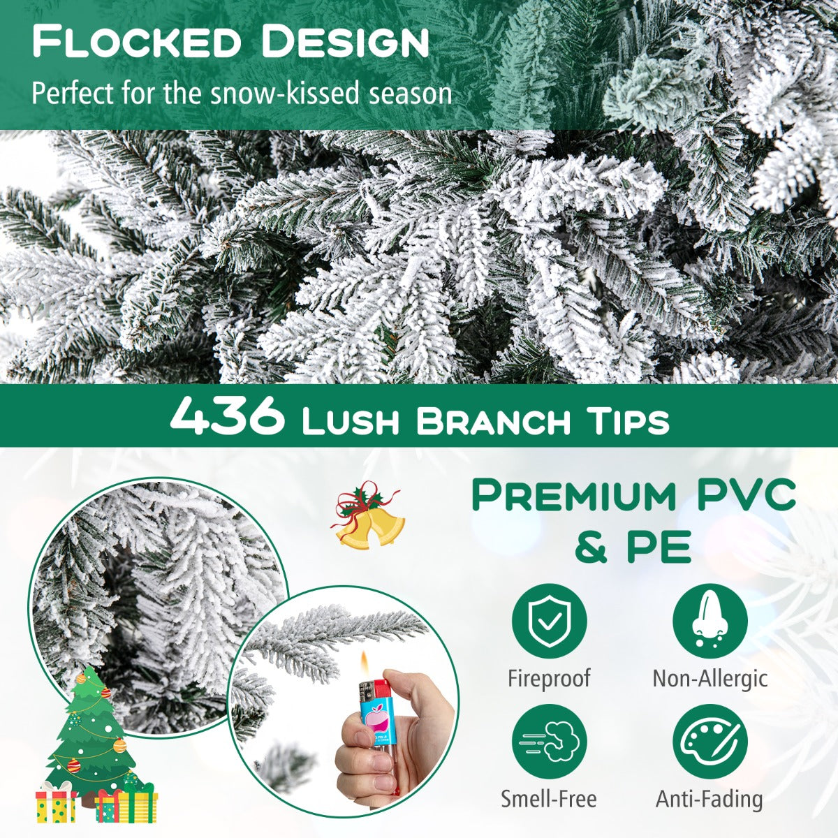 LIVSK Kunstkerstboom met LED-lampjes - 8 Verlichtingsstanden - Flocked Design - Hypoallergeen - 186 cm - Groen en Wit