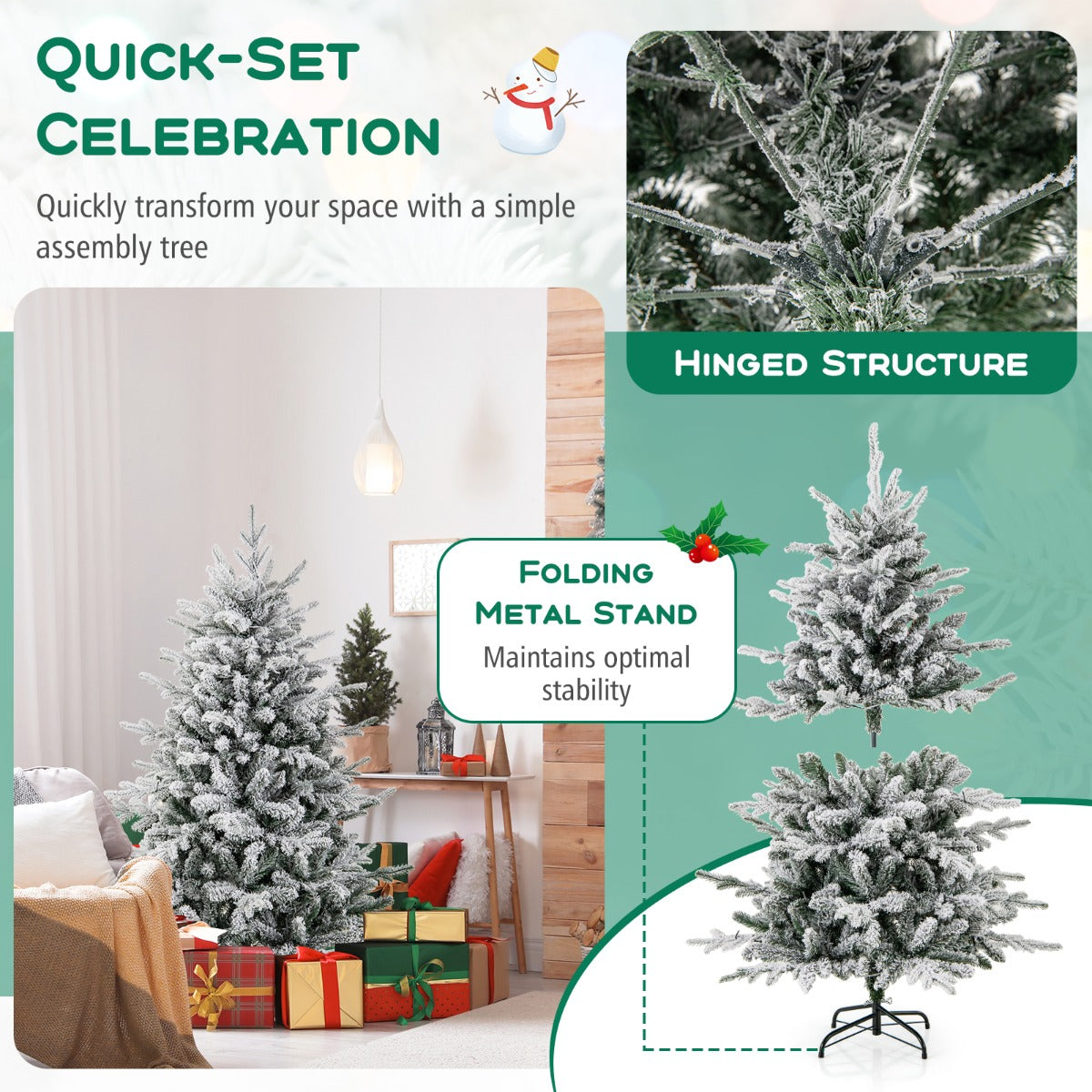 LIVSK Kunstkerstboom met LED-lampjes - 8 Verlichtingsstanden - Flocked Design - Hypoallergeen - 186 cm - Groen en Wit