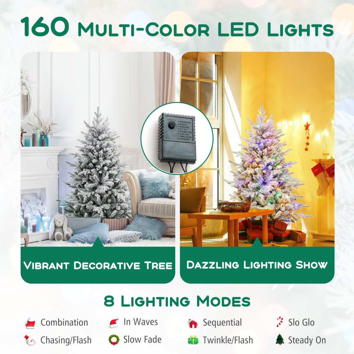 LIVSK Kunstkerstboom met LED-lampjes - 8 Verlichtingsstanden - Flocked Design - Hypoallergeen - 186 cm - Groen en Wit