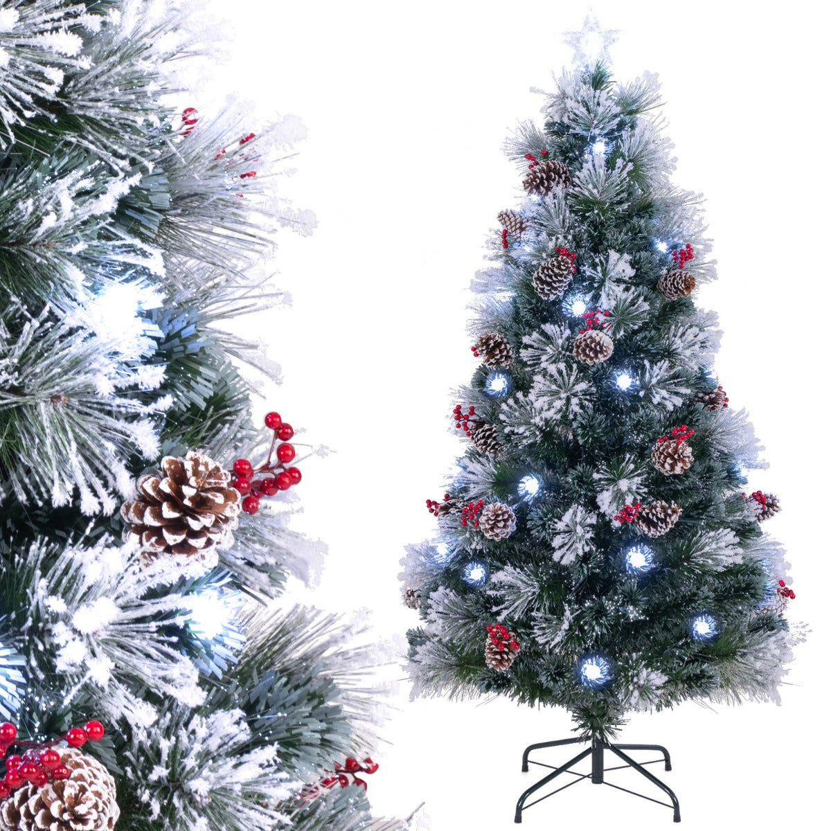 LIVSK Kunstkerstboom - Dennennaalden - Rode Bessen - Dennenappels - LED Verlichting met 8 Standen - 180 cm - Groen en Wit