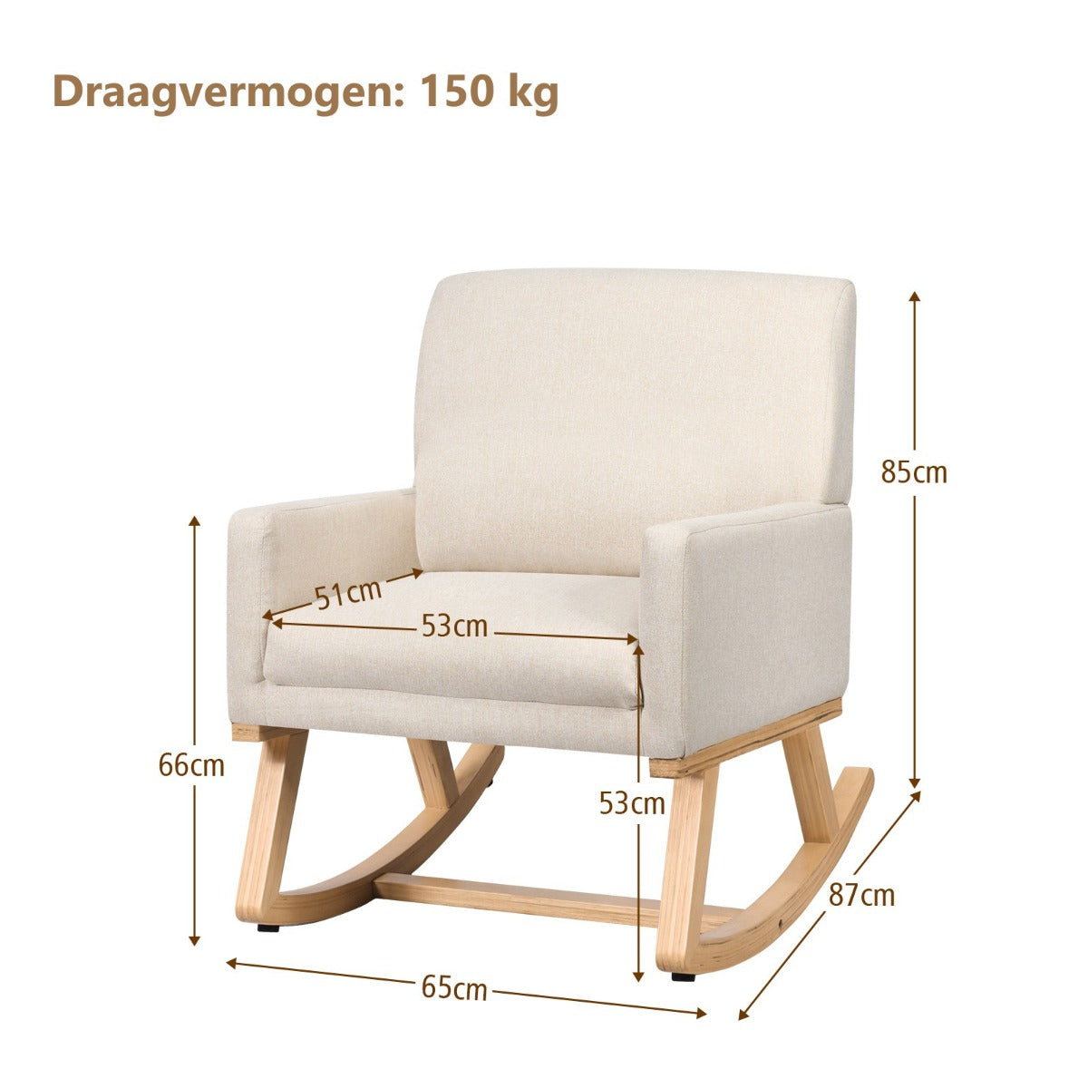 LIVSK Moderne Schommelstoel - Massief Houten Frame - Ergonomisch Ontwerp - Antislipvoetkussens - Tot 150 kg - Beige