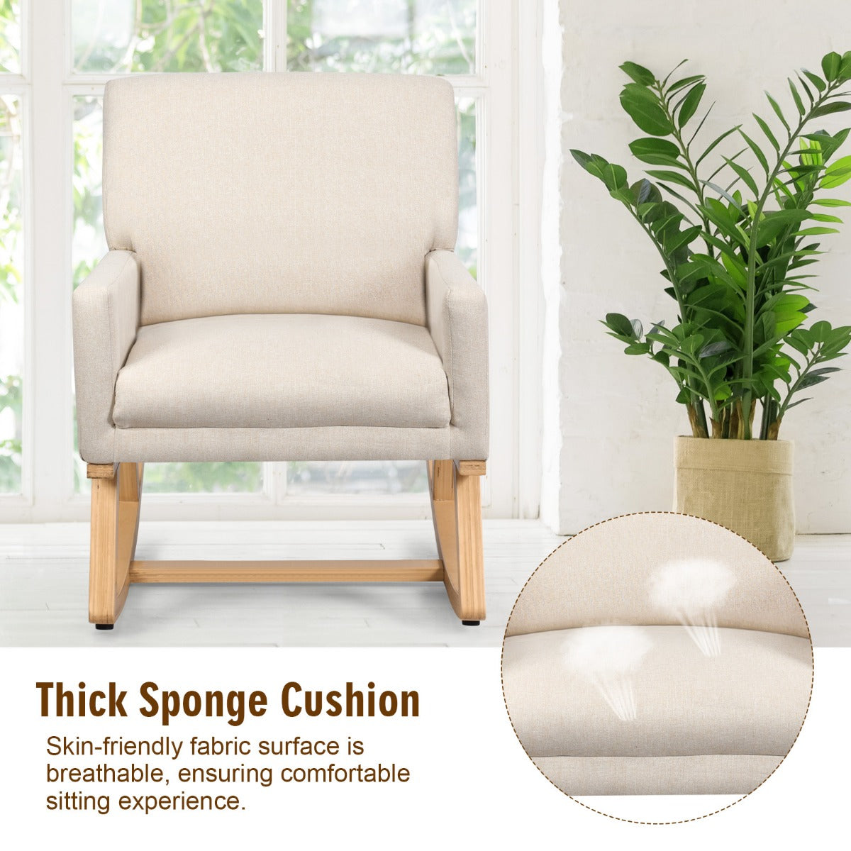 LIVSK Moderne Schommelstoel - Massief Houten Frame - Ergonomisch Ontwerp - Antislipvoetkussens - Tot 150 kg - Beige