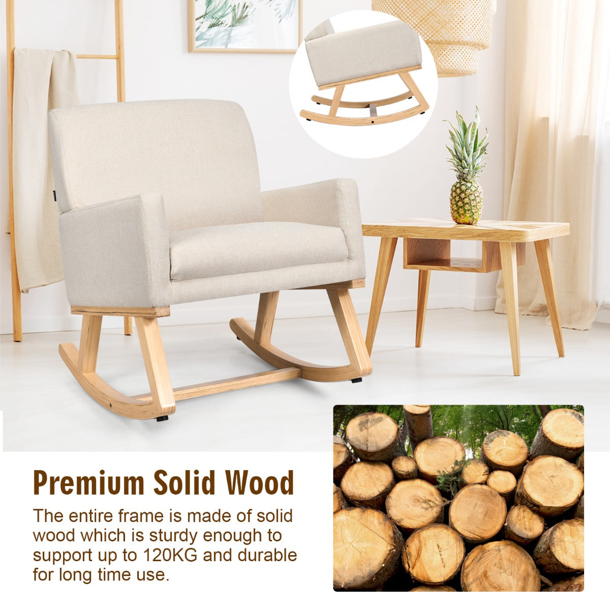 LIVSK Moderne Schommelstoel - Massief Houten Frame - Ergonomisch Ontwerp - Antislipvoetkussens - Tot 150 kg - Beige