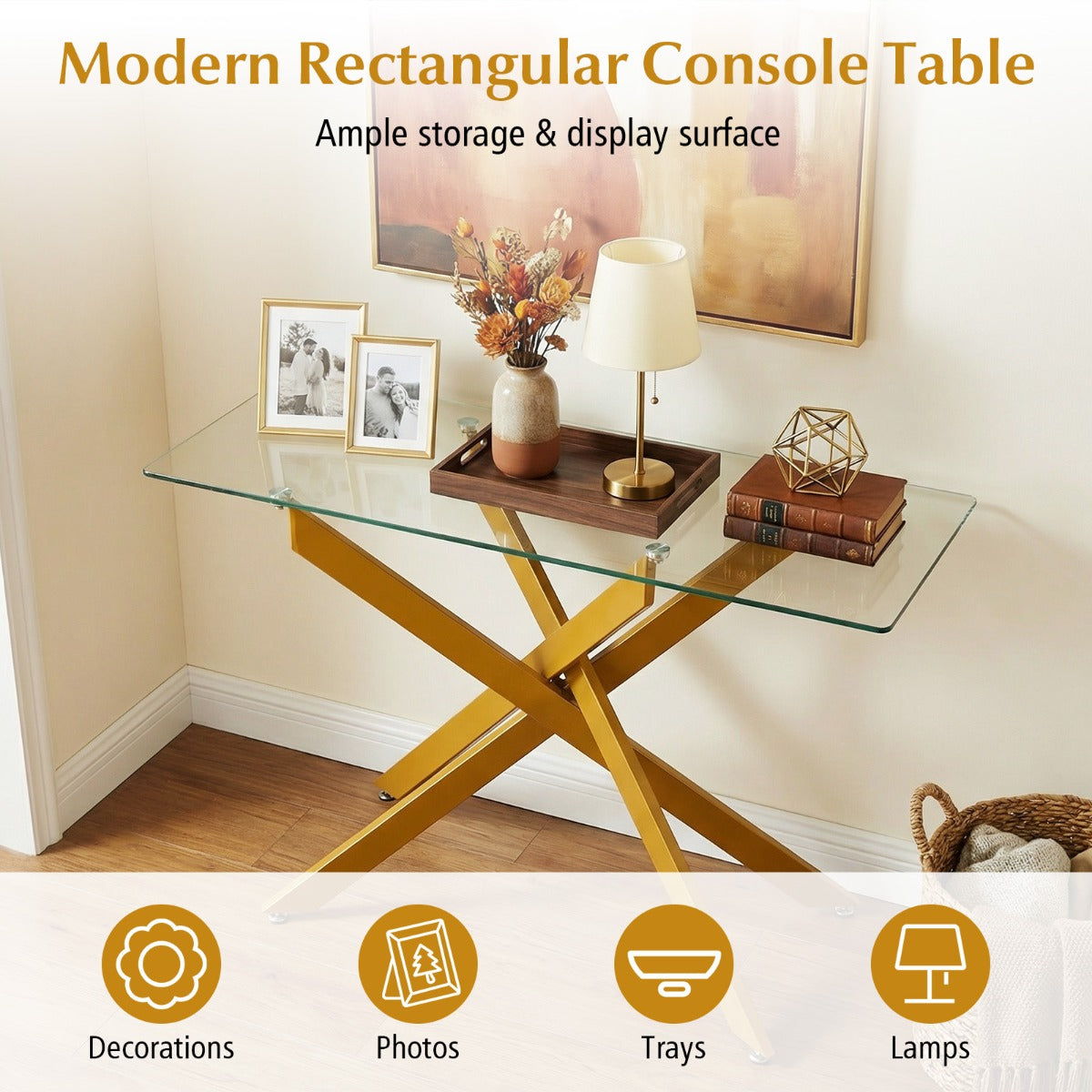 Livsk costway glazen consoletafel moderne haltafel met transparant blad van gehard glas en stevige metalen buispoten goud